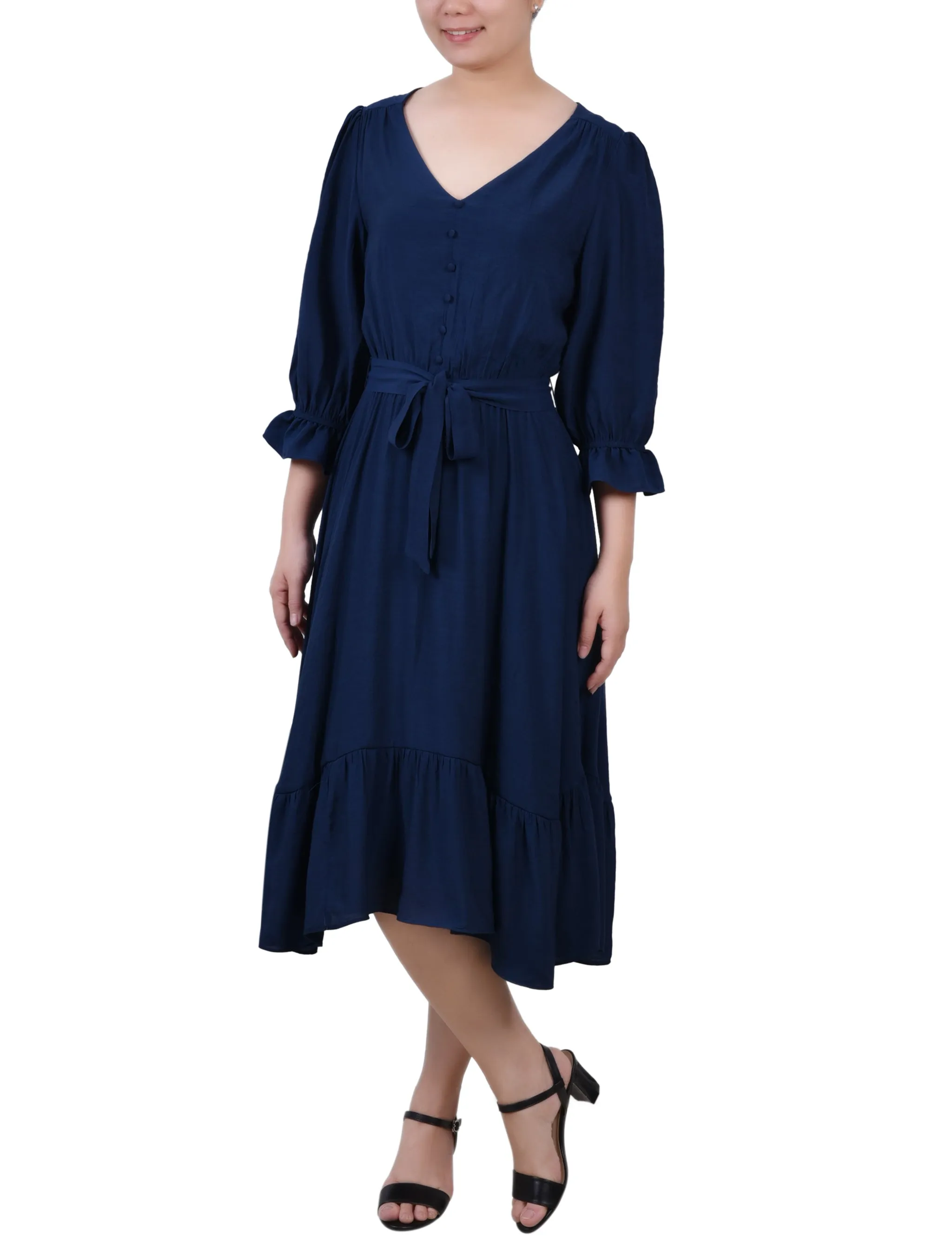 3/4 Sleeve Flounced Dress