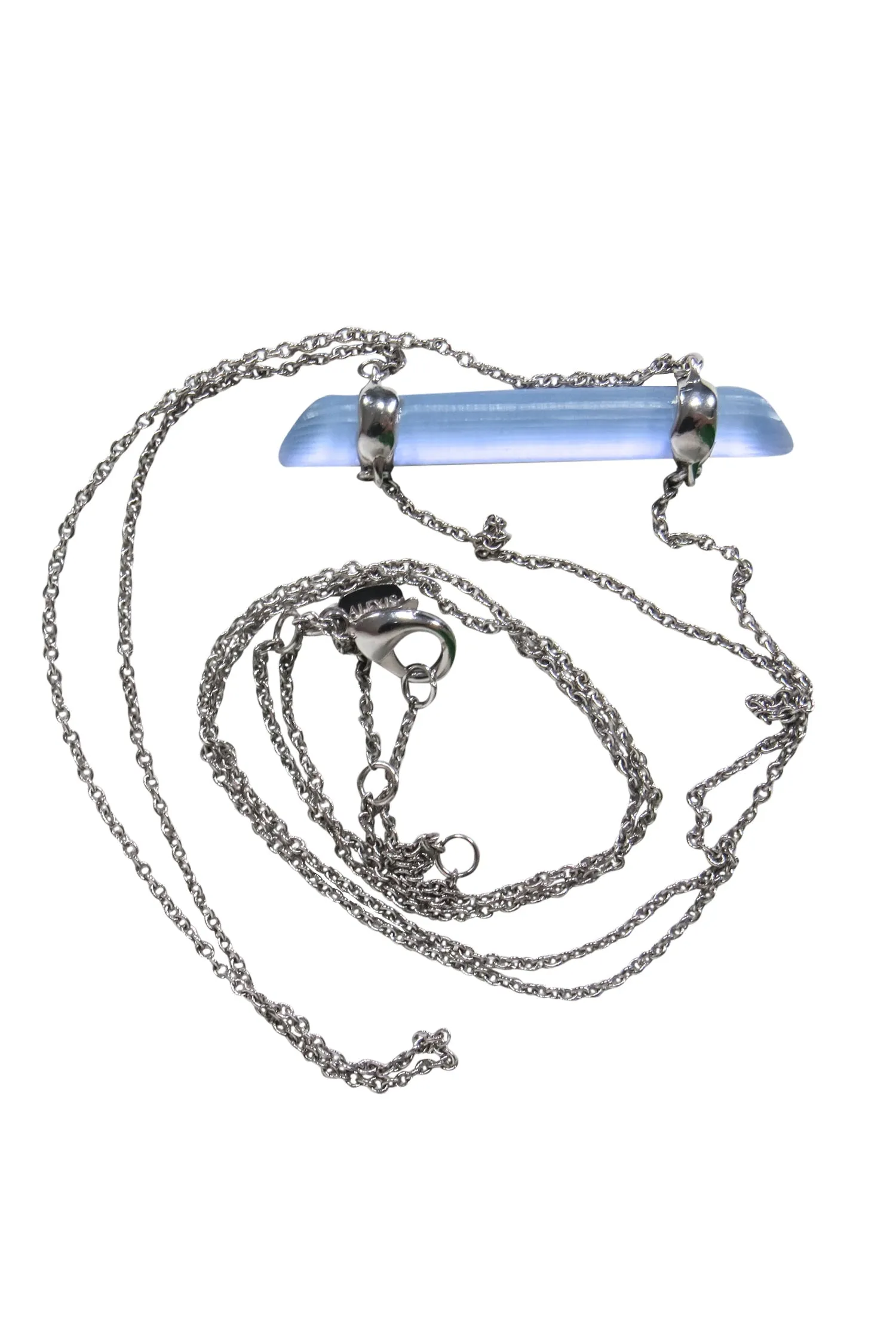 Alexis Bittar - Long Silver Chain Necklace w/ Textured Light Blue Bar