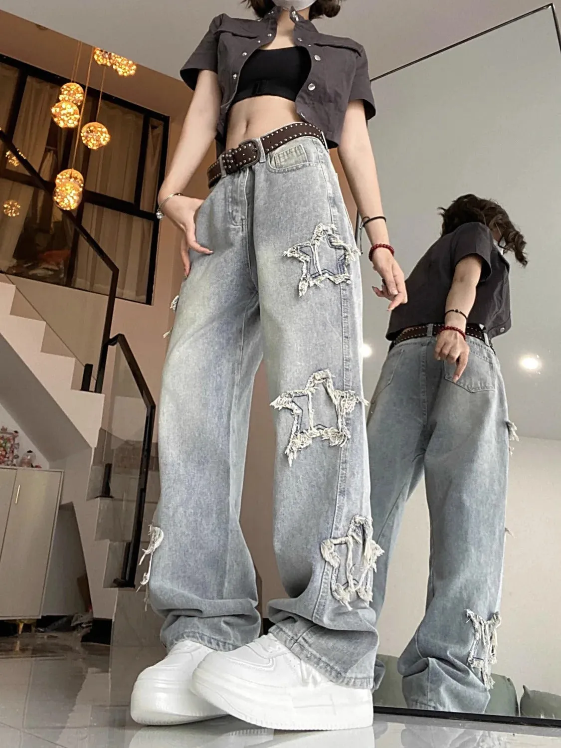 American retro star jeans ins high waist slimming fringe embroidery straight leg wide leg pants trendy
