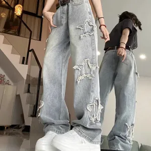 American retro star jeans ins high waist slimming fringe embroidery straight leg wide leg pants trendy