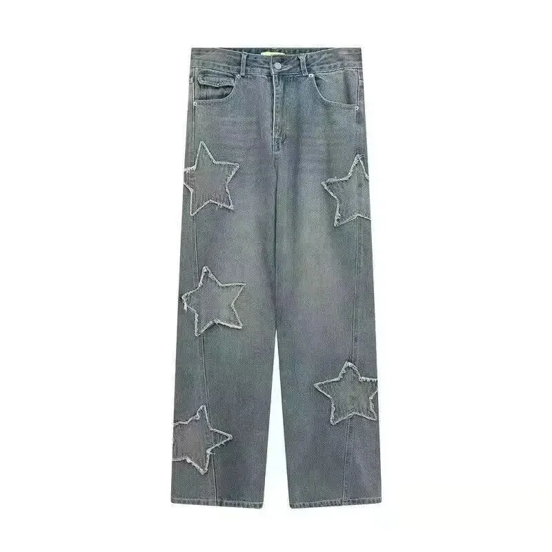 American retro star jeans ins high waist slimming fringe embroidery straight leg wide leg pants trendy