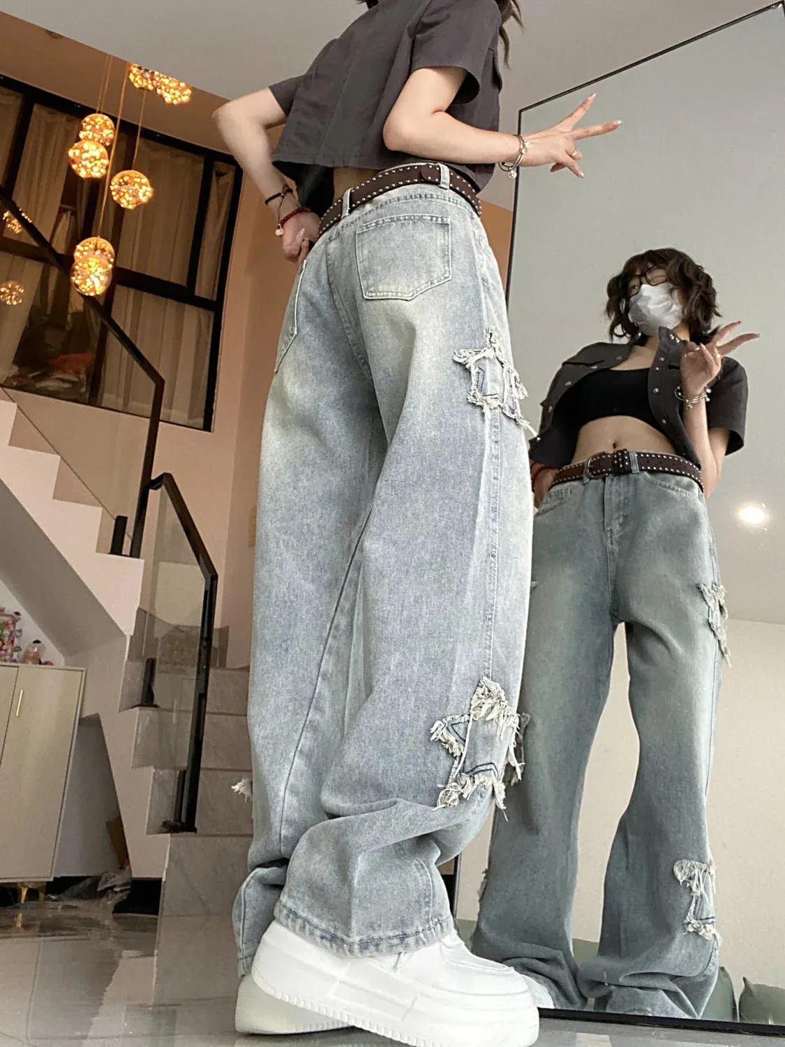 American retro star jeans ins high waist slimming fringe embroidery straight leg wide leg pants trendy
