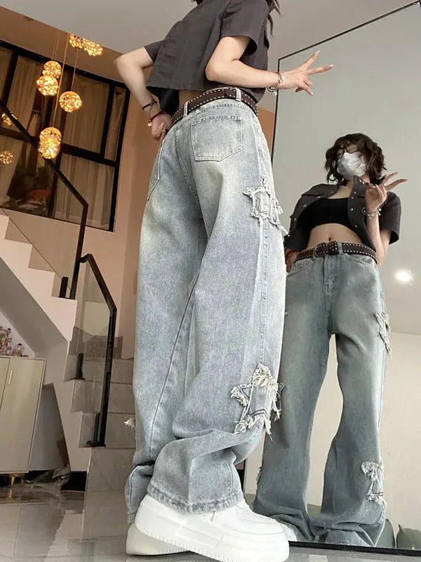 American retro star jeans ins high waist slimming fringe embroidery straight leg wide leg pants trendy