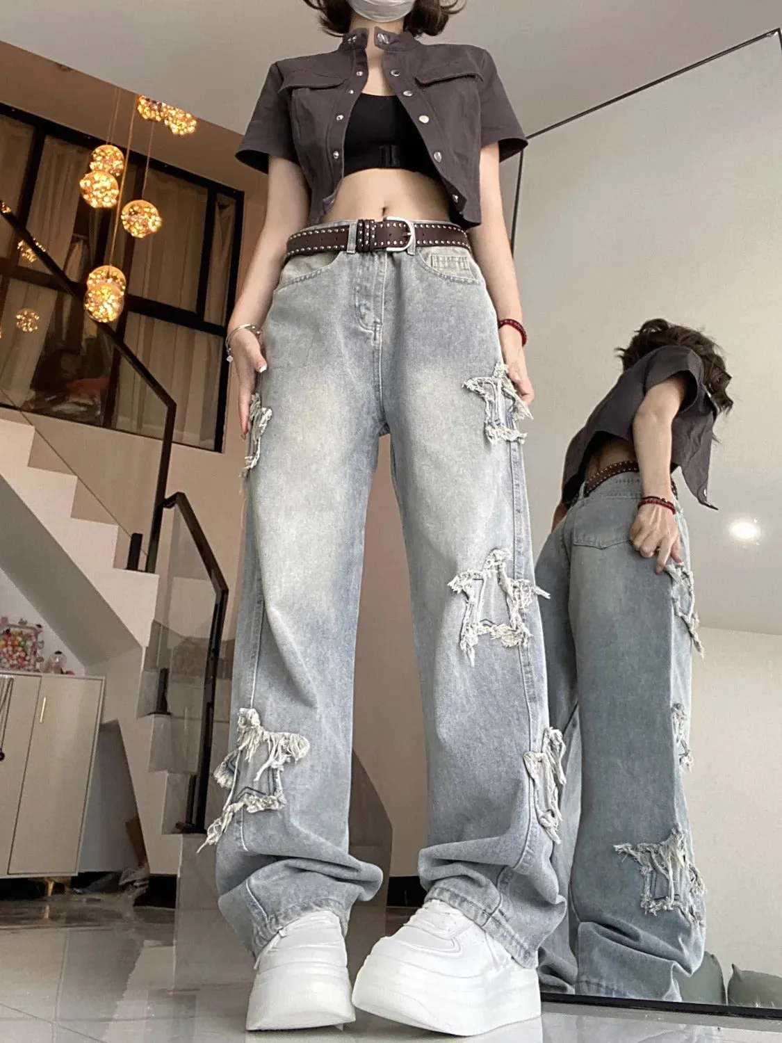 American retro star jeans ins high waist slimming fringe embroidery straight leg wide leg pants trendy