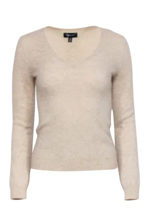 Aqua Cashmere - Beige Fuzzy V-Neck Cashmere Sweater Sz M