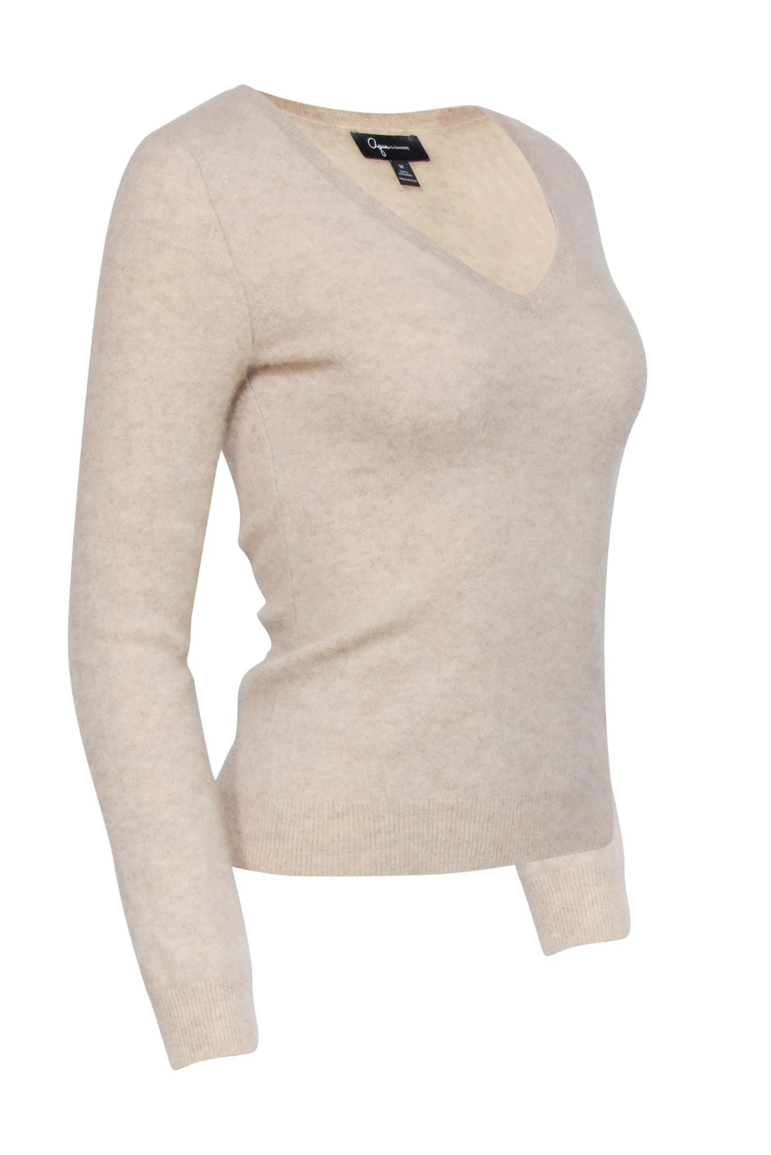 Aqua Cashmere - Beige Fuzzy V-Neck Cashmere Sweater Sz M