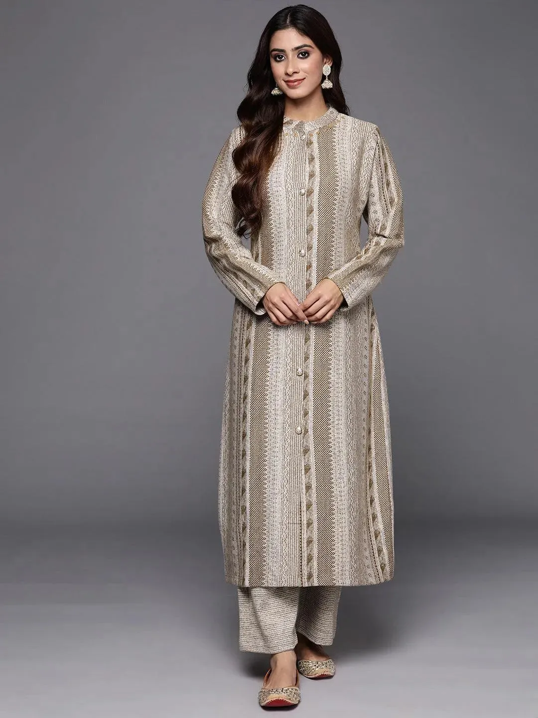 Beige Self Design Wool Blend A-Line Kurta With Trousers