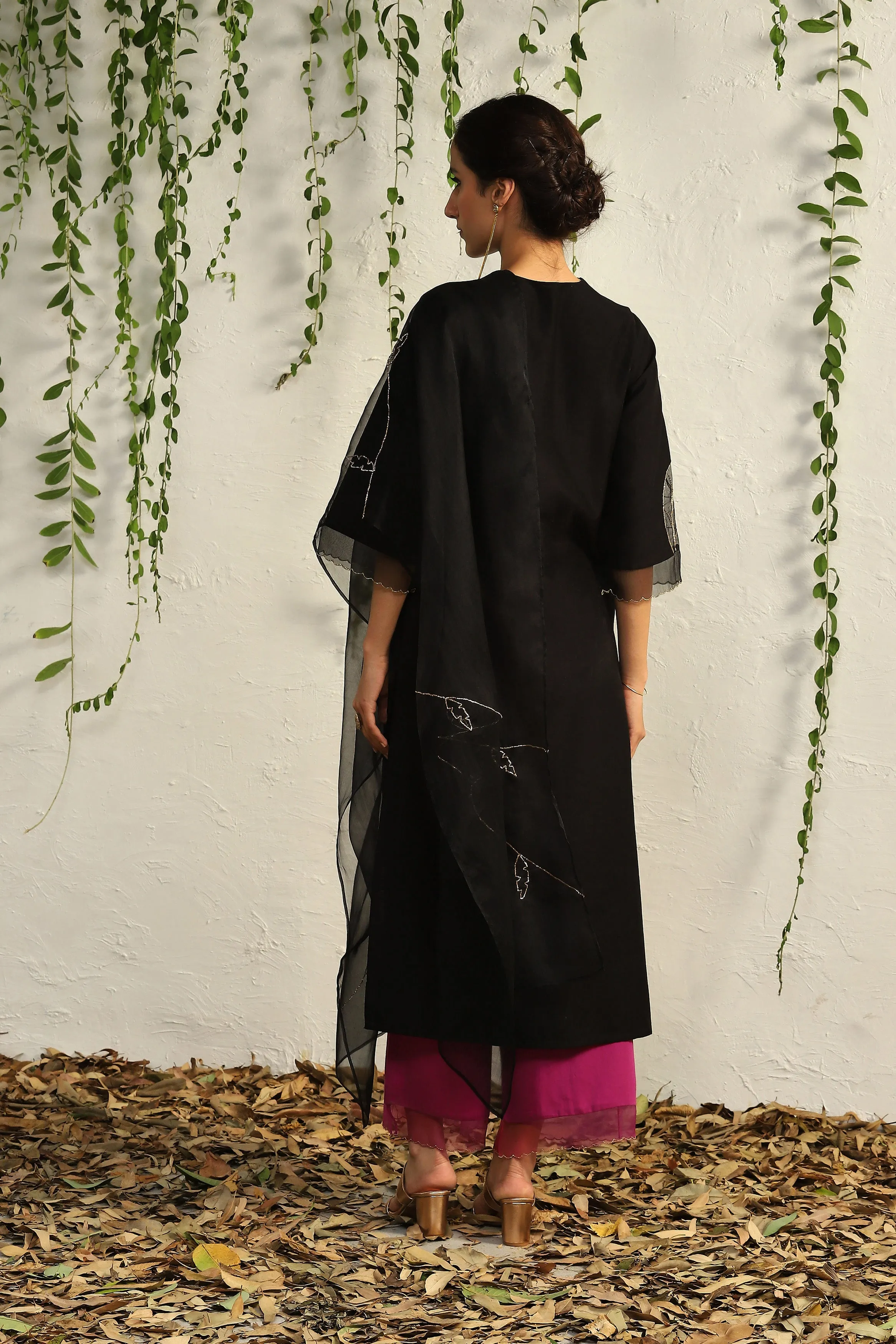 Black Chanderi Straight Kurta Set with Contrast Palazzo