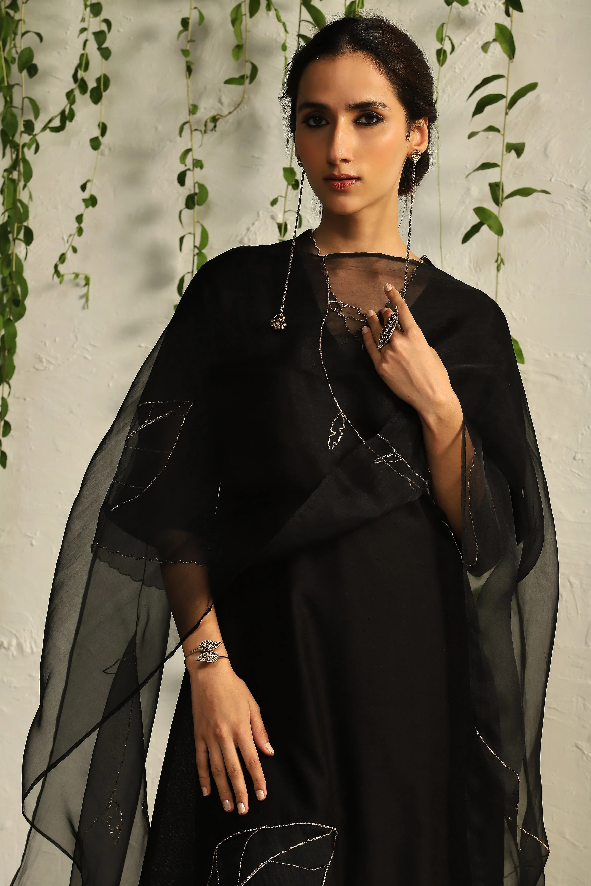 Black Chanderi Straight Kurta Set with Contrast Palazzo