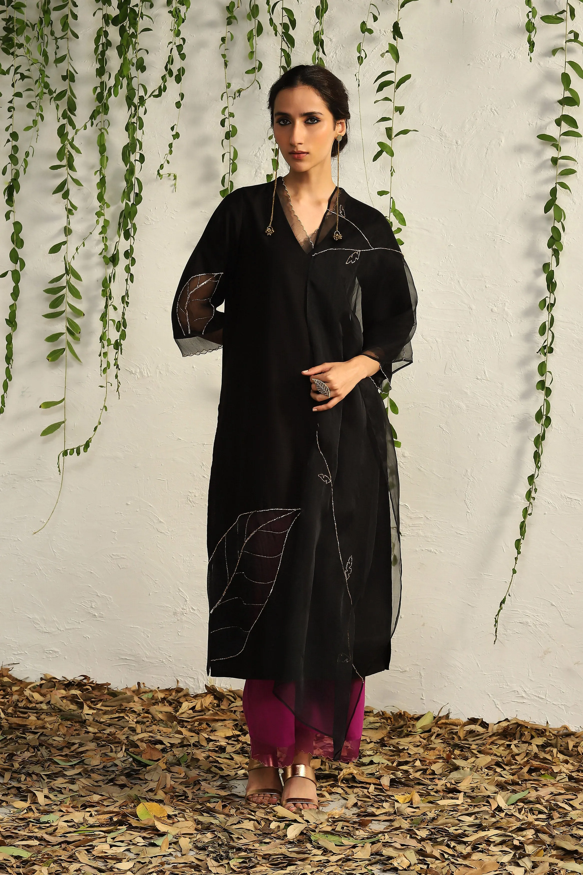Black Chanderi Straight Kurta Set with Contrast Palazzo