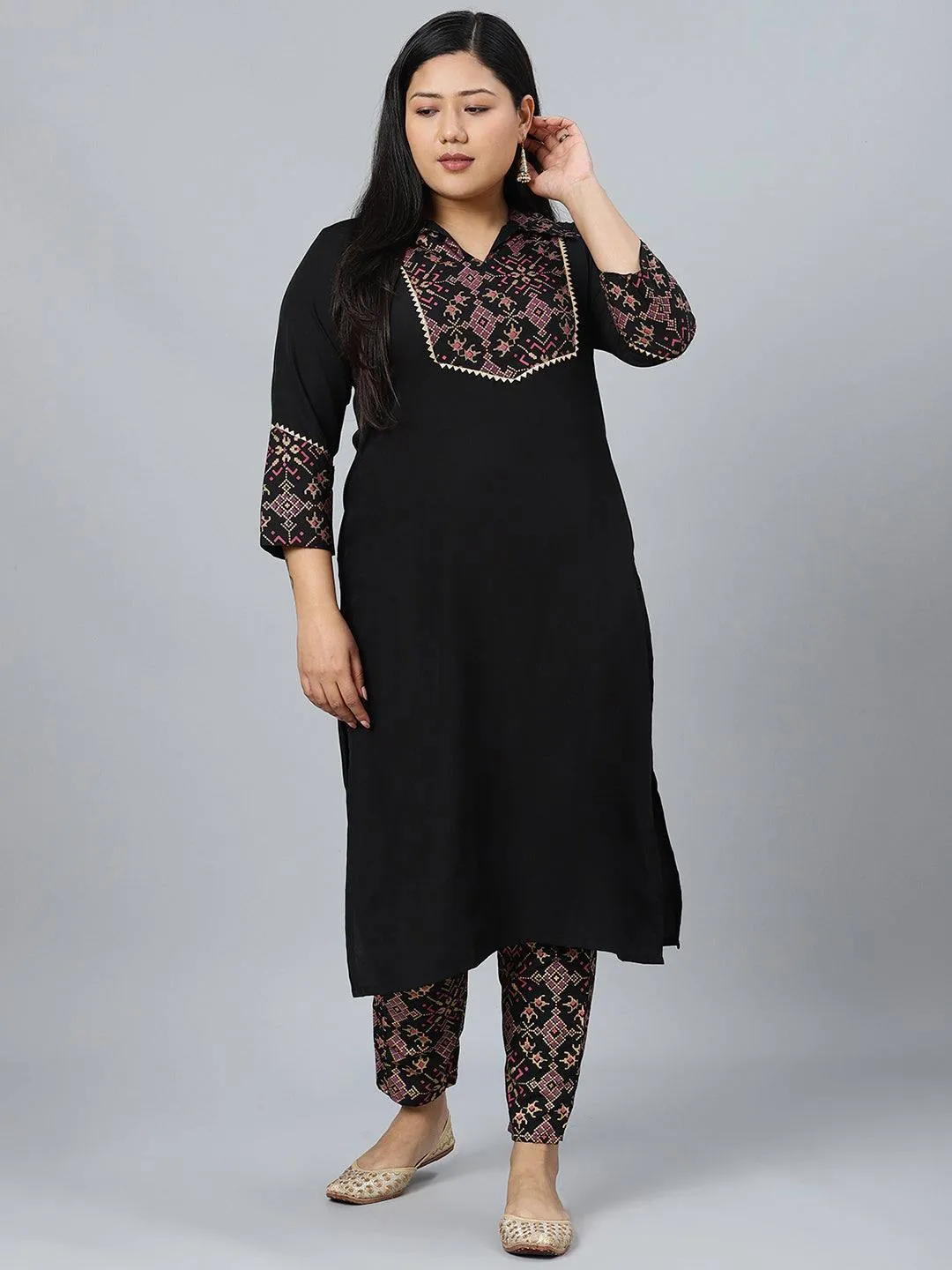 Black Crepe Semi Foil Print Kurta Palazzo Set
