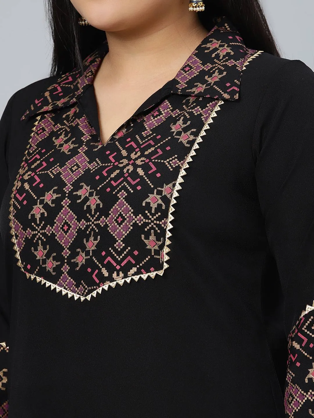 Black Crepe Semi Foil Print Kurta Palazzo Set