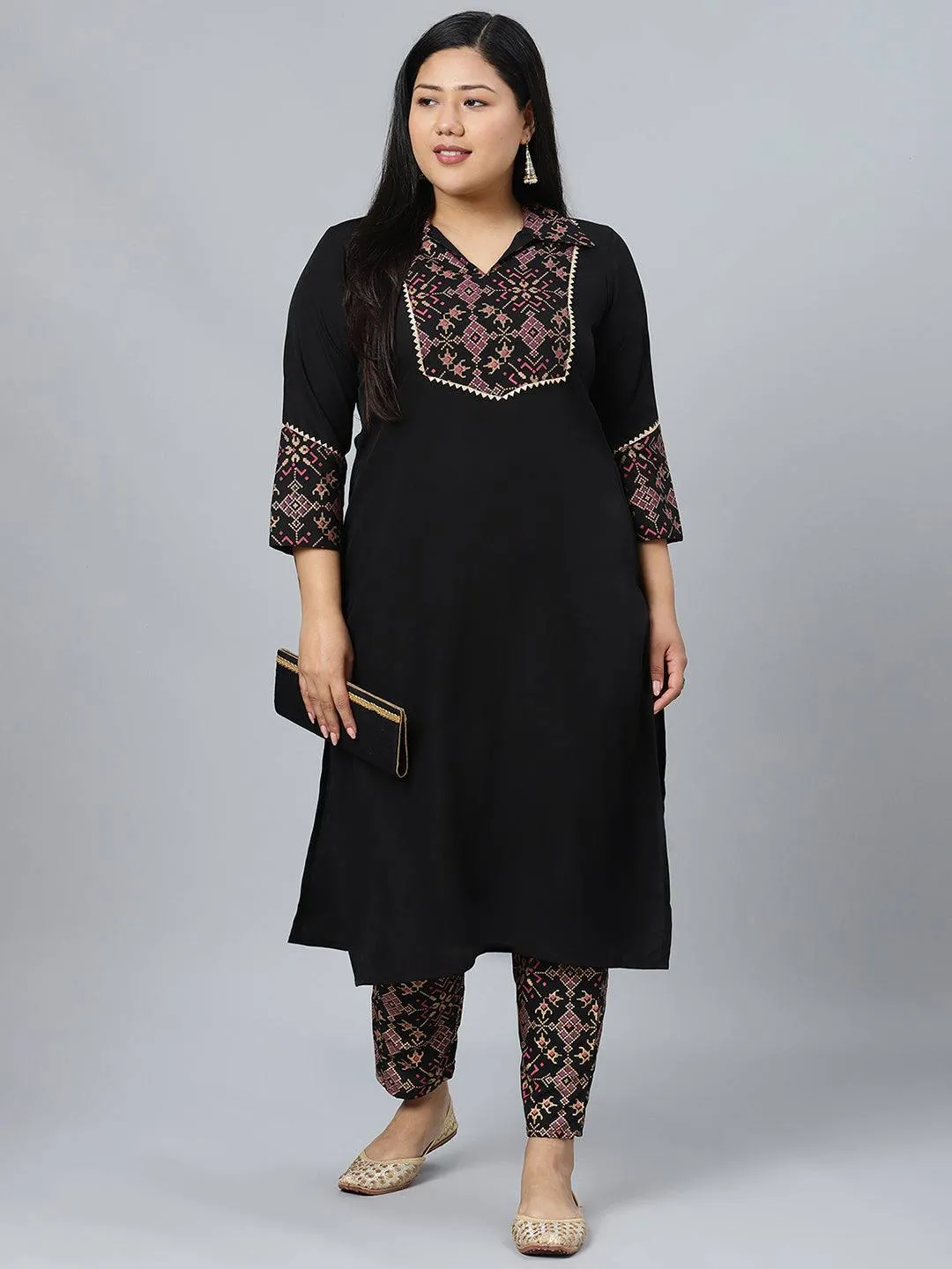 Black Crepe Semi Foil Print Kurta Palazzo Set
