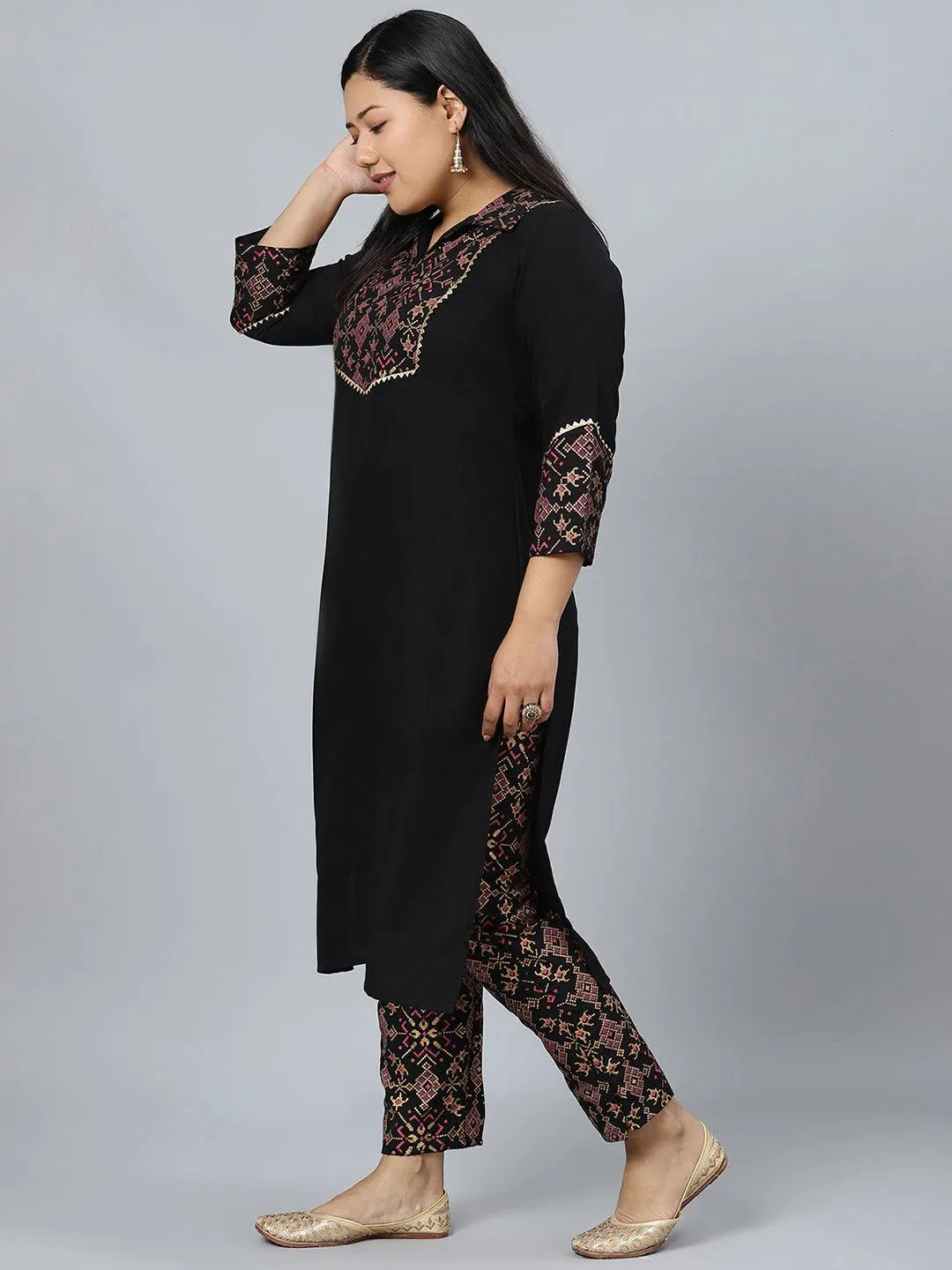 Black Crepe Semi Foil Print Kurta Palazzo Set