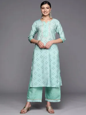 Blue Printed Silk Blend Straight Kurta With Palazzos