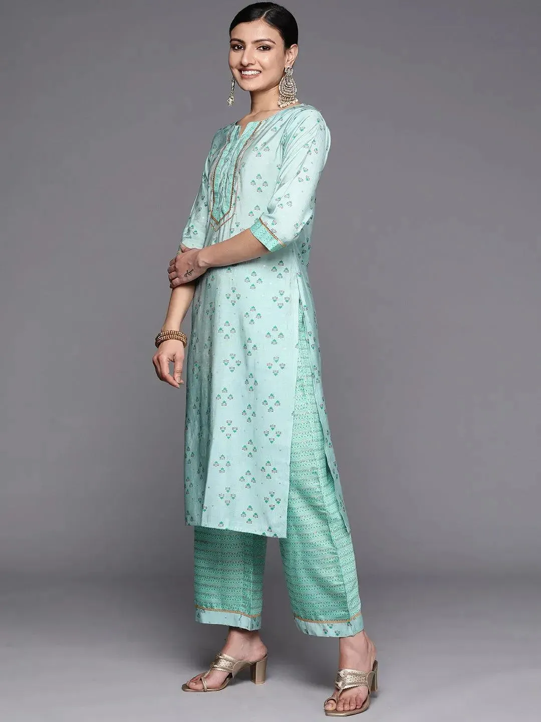 Blue Printed Silk Blend Straight Kurta With Palazzos