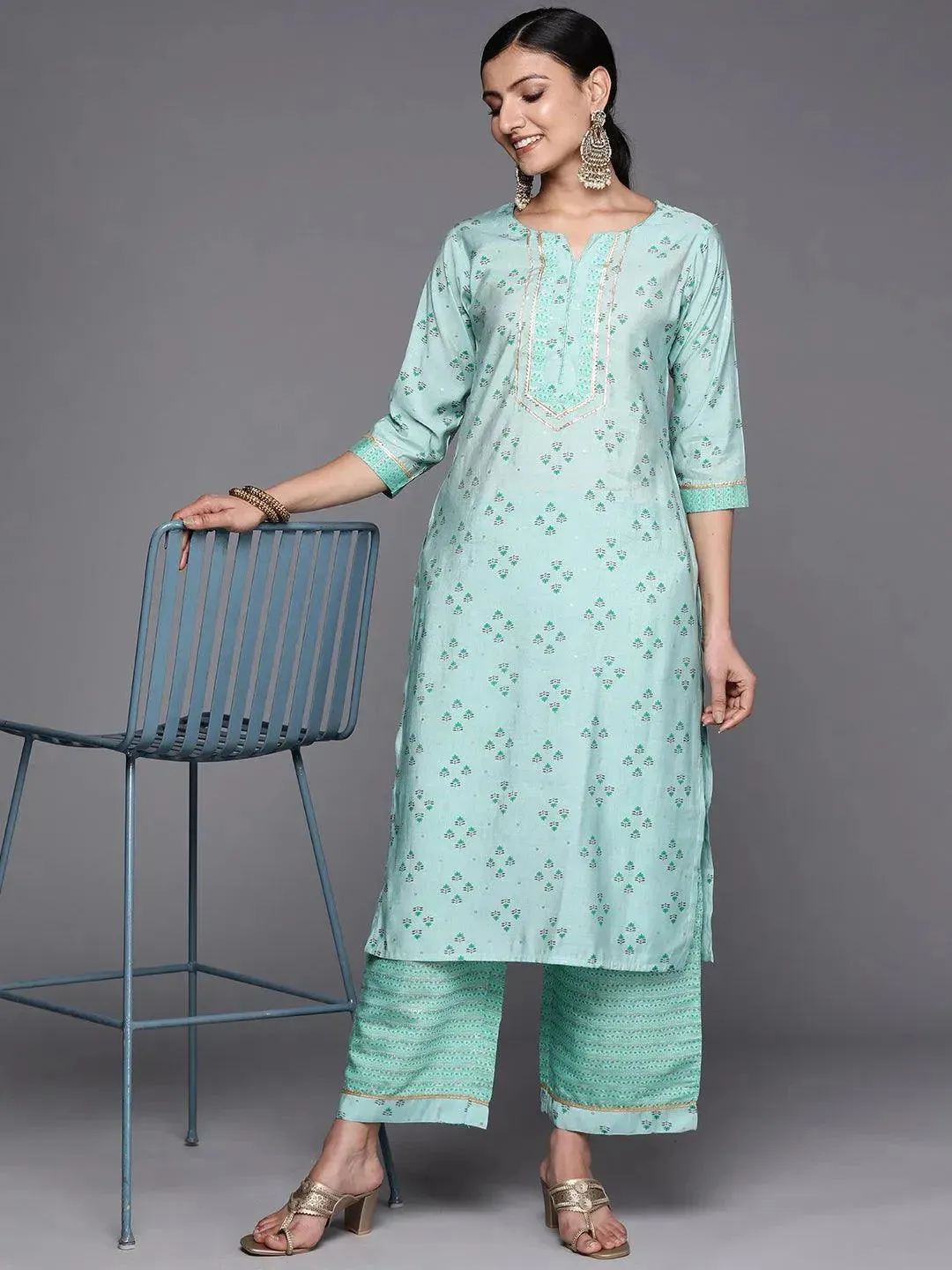 Blue Printed Silk Blend Straight Kurta With Palazzos