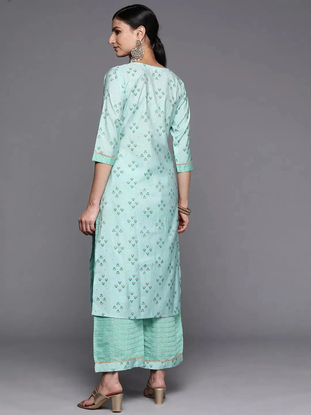 Blue Printed Silk Blend Straight Kurta With Palazzos