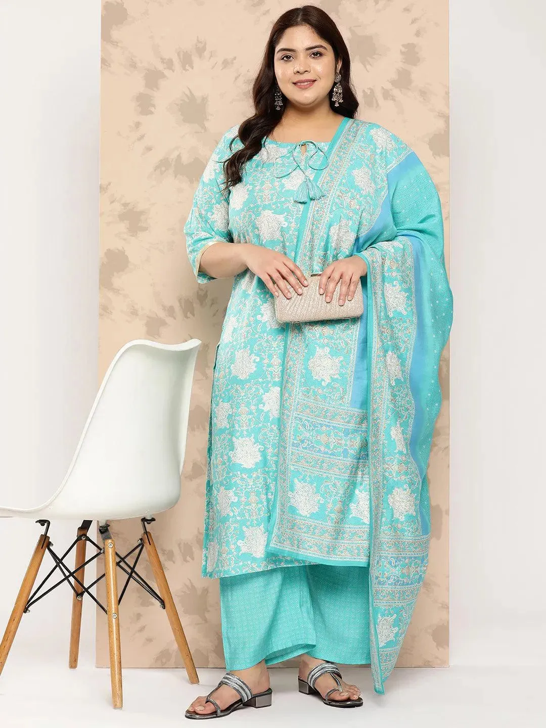 Blue Printed Silk Blend Straight Kurta With Trousers and Dupatta
