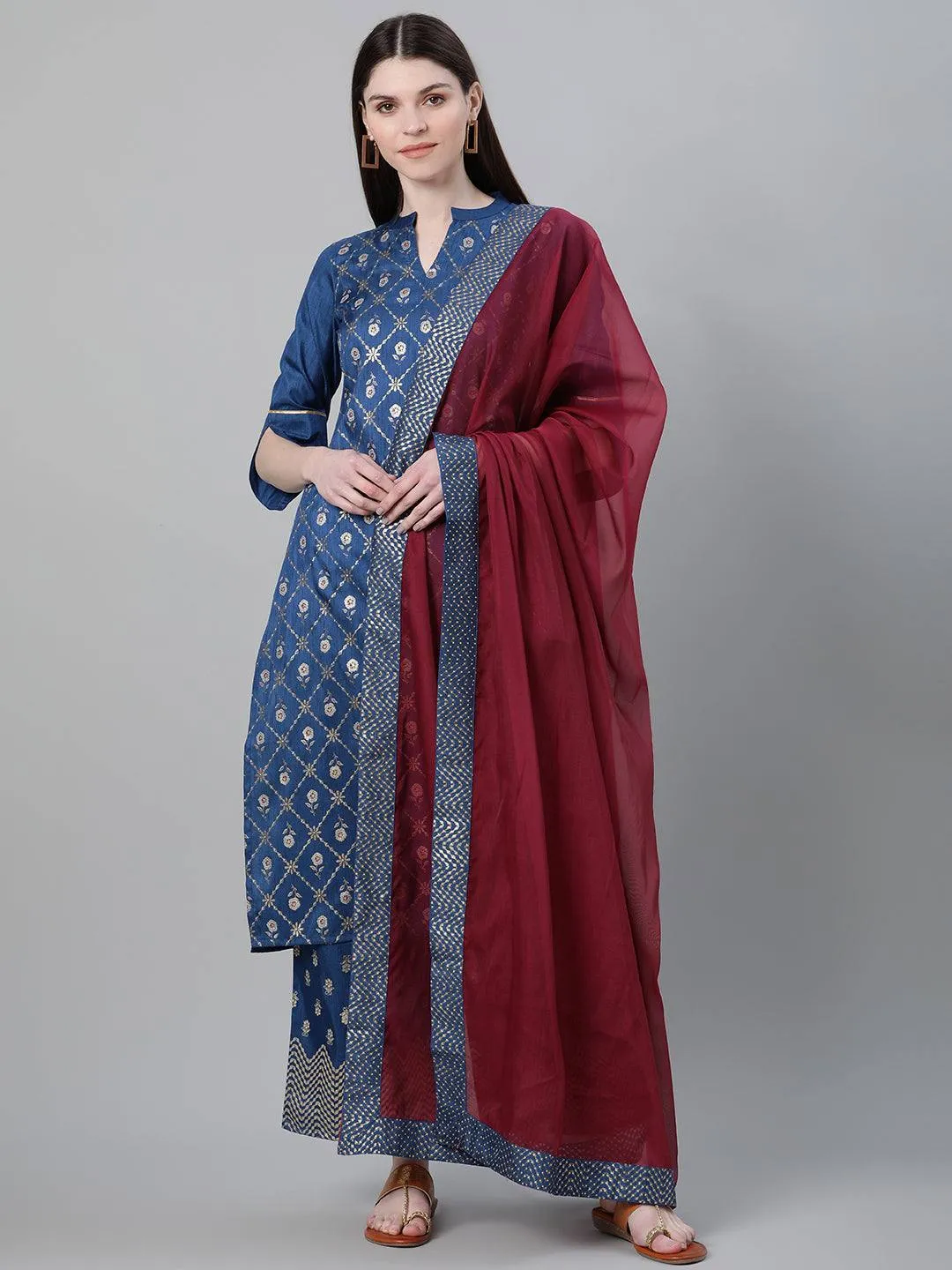 Blue Printed Suit Set With Dupatta