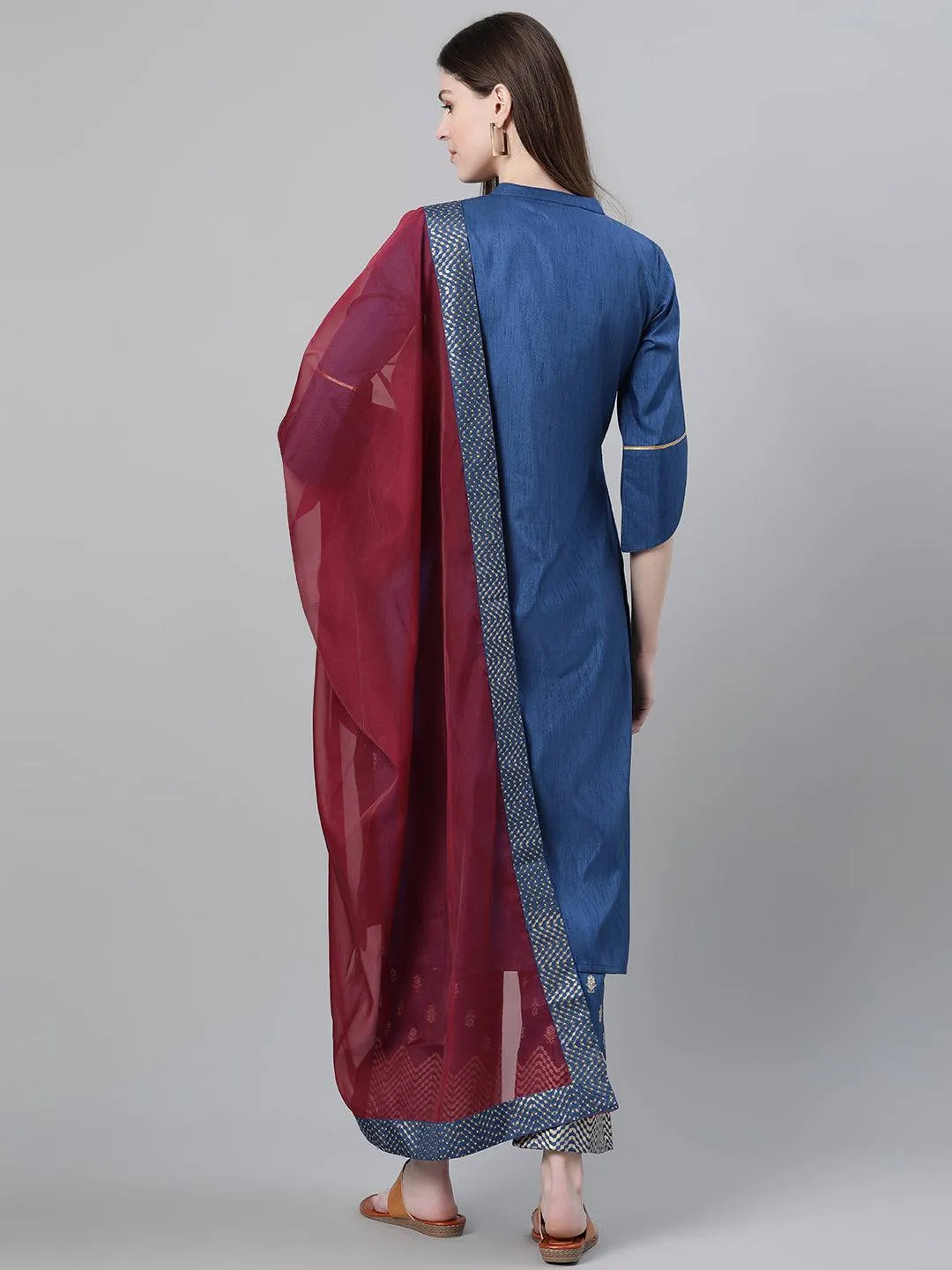 Blue Printed Suit Set With Dupatta