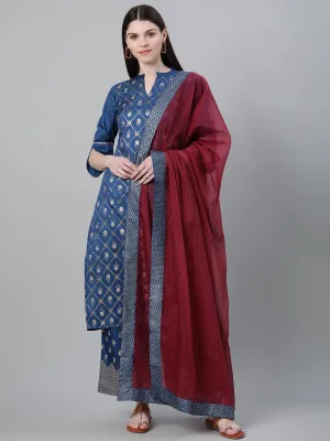Blue Printed Suit Set With Dupatta