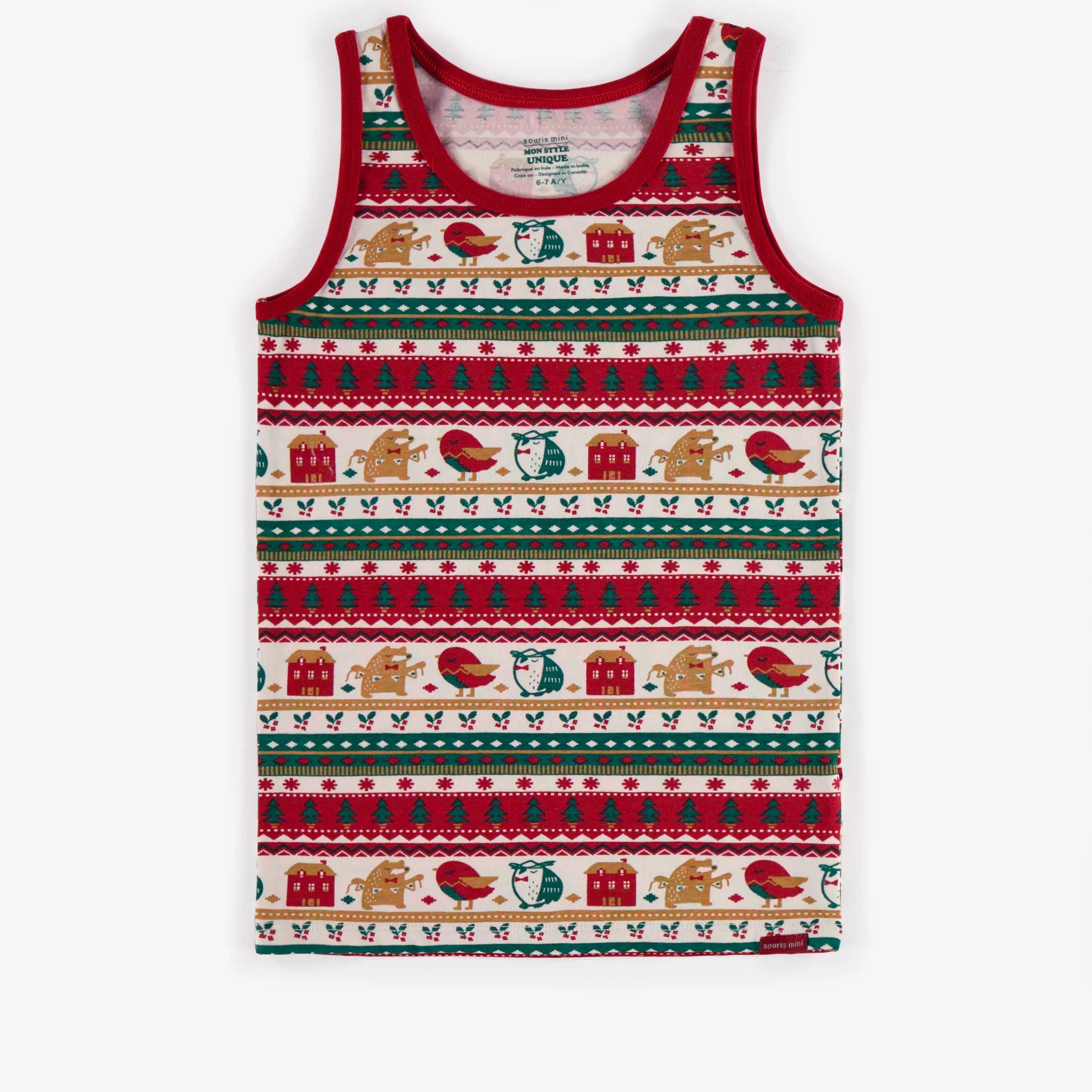Camisole rouge à motif du temps des fêtes, enfant || Red holiday patterned camisole, child