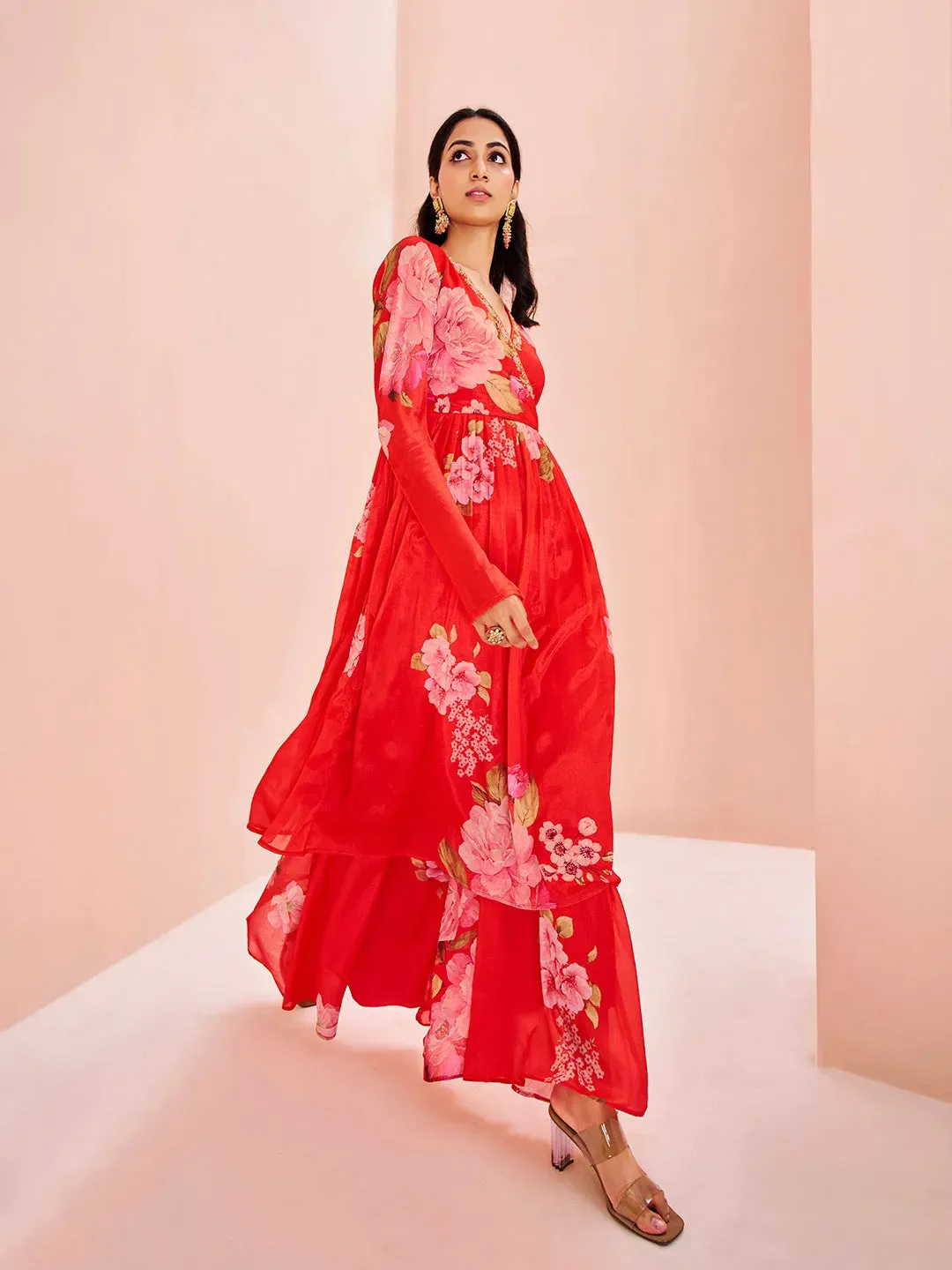 Charming and Ravishing Red Chinon Floral Printed Palazzo Set