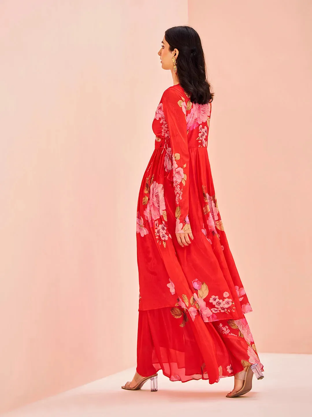Charming and Ravishing Red Chinon Floral Printed Palazzo Set