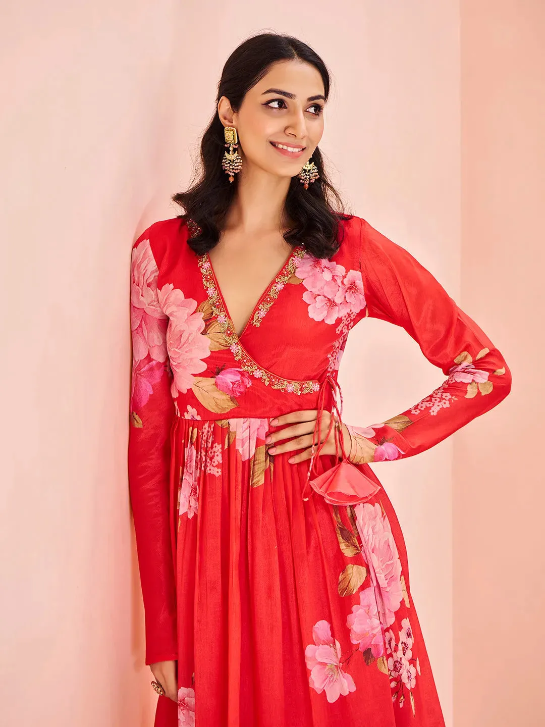 Charming and Ravishing Red Chinon Floral Printed Palazzo Set