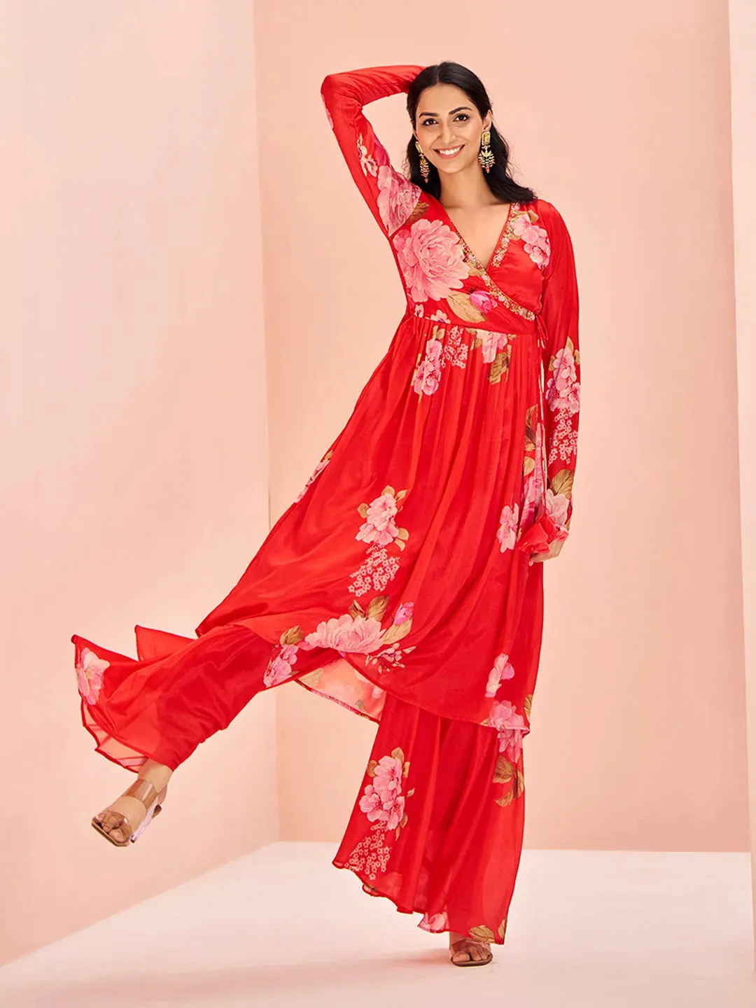Charming and Ravishing Red Chinon Floral Printed Palazzo Set