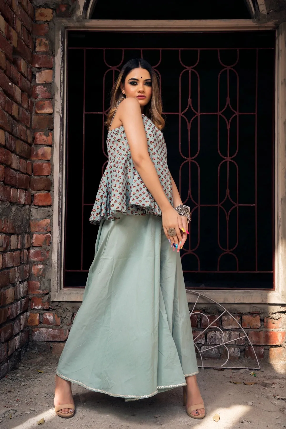 Cotton Grey Printed Kurta Palazzo Set