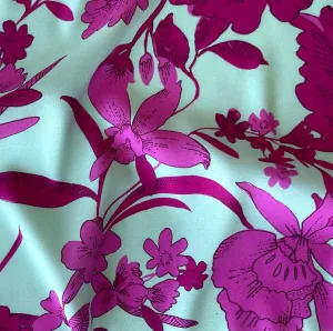 Couture Raspberry Orchids on Celestial Aqua Stretch Silk Satin Charmeuse (Made in Italy)