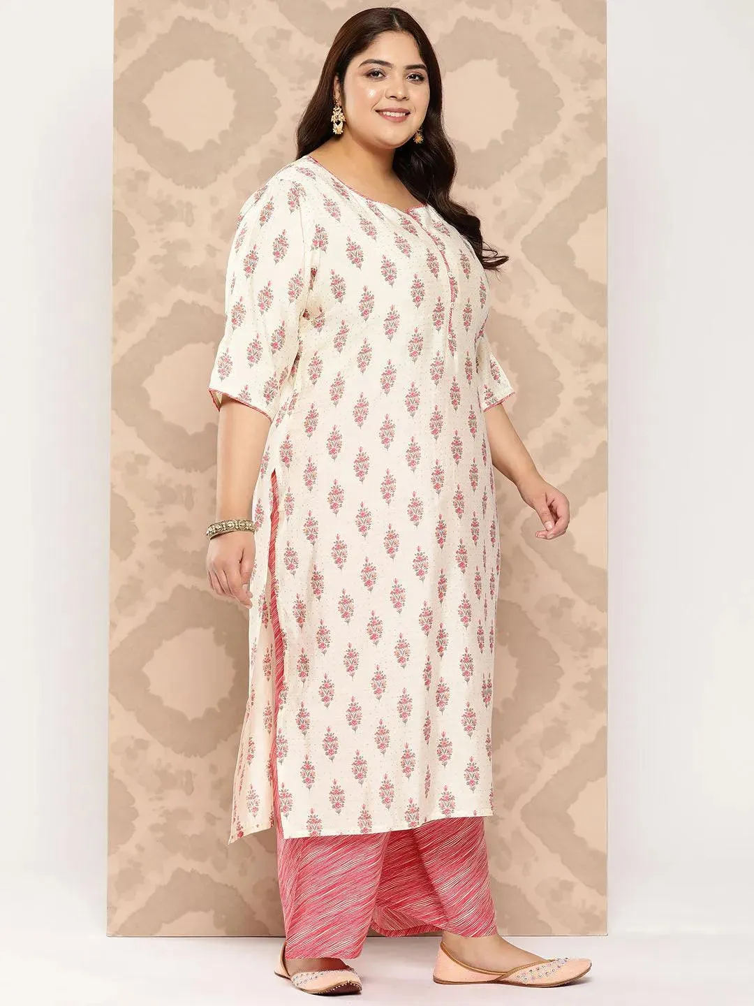 Cream Printed Silk Blend Straight Kurta With Palazzos and Dupatta
