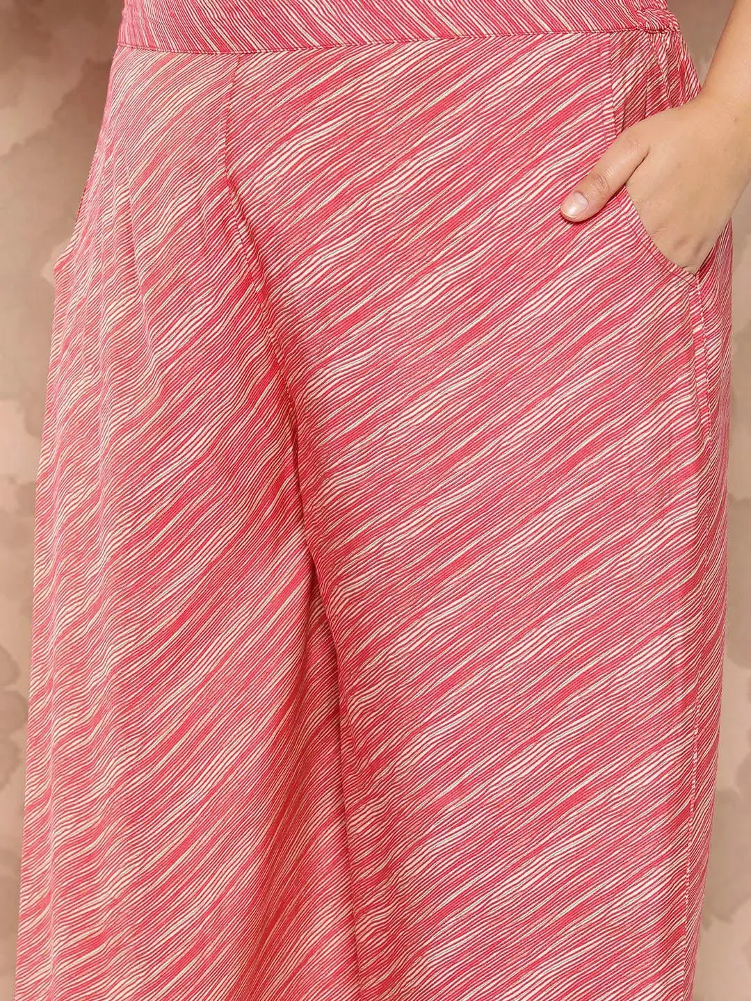 Cream Printed Silk Blend Straight Kurta With Palazzos and Dupatta