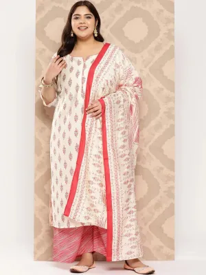 Cream Printed Silk Blend Straight Kurta With Palazzos and Dupatta