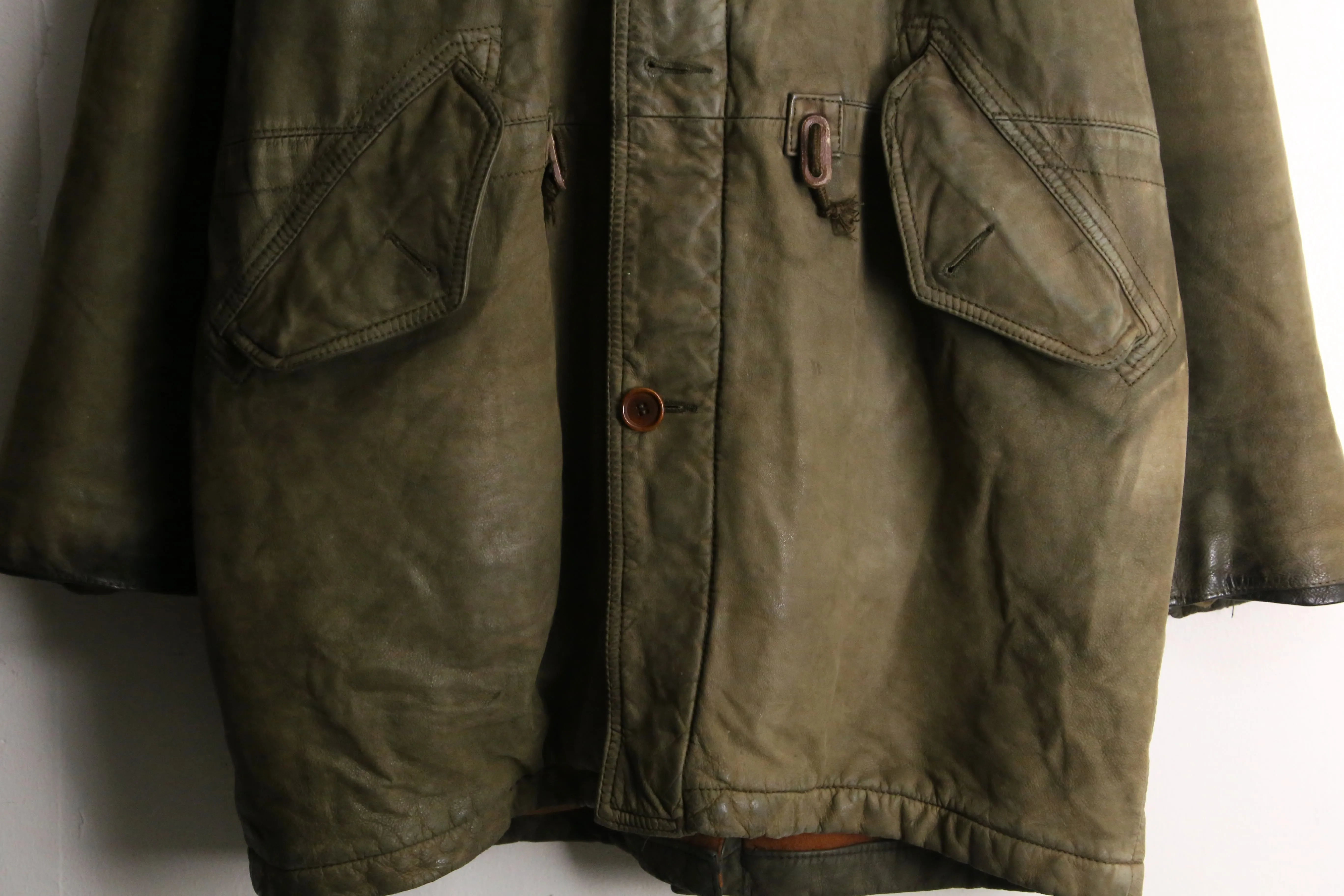 dark green hooded leather half coat
