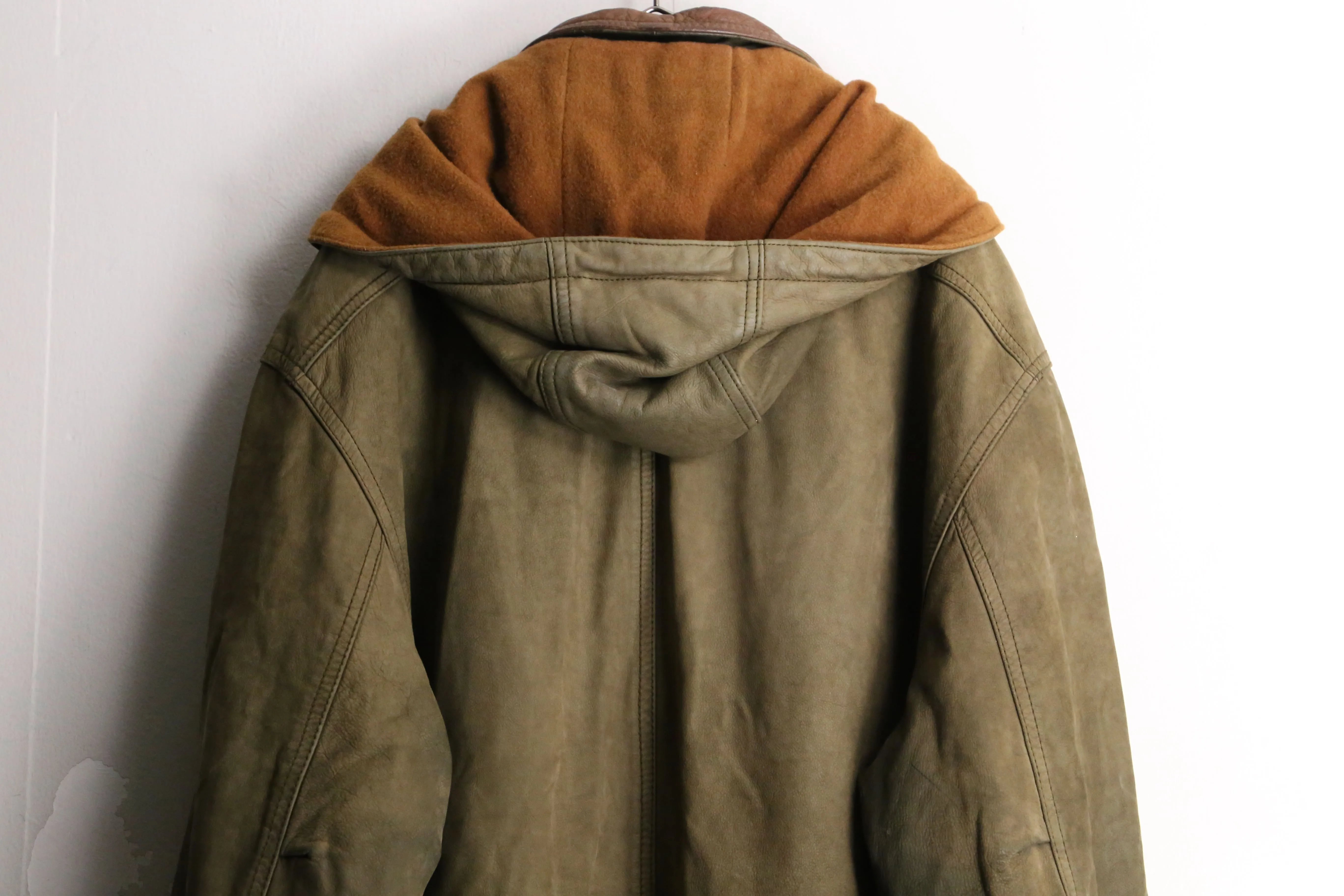 dark green hooded leather half coat
