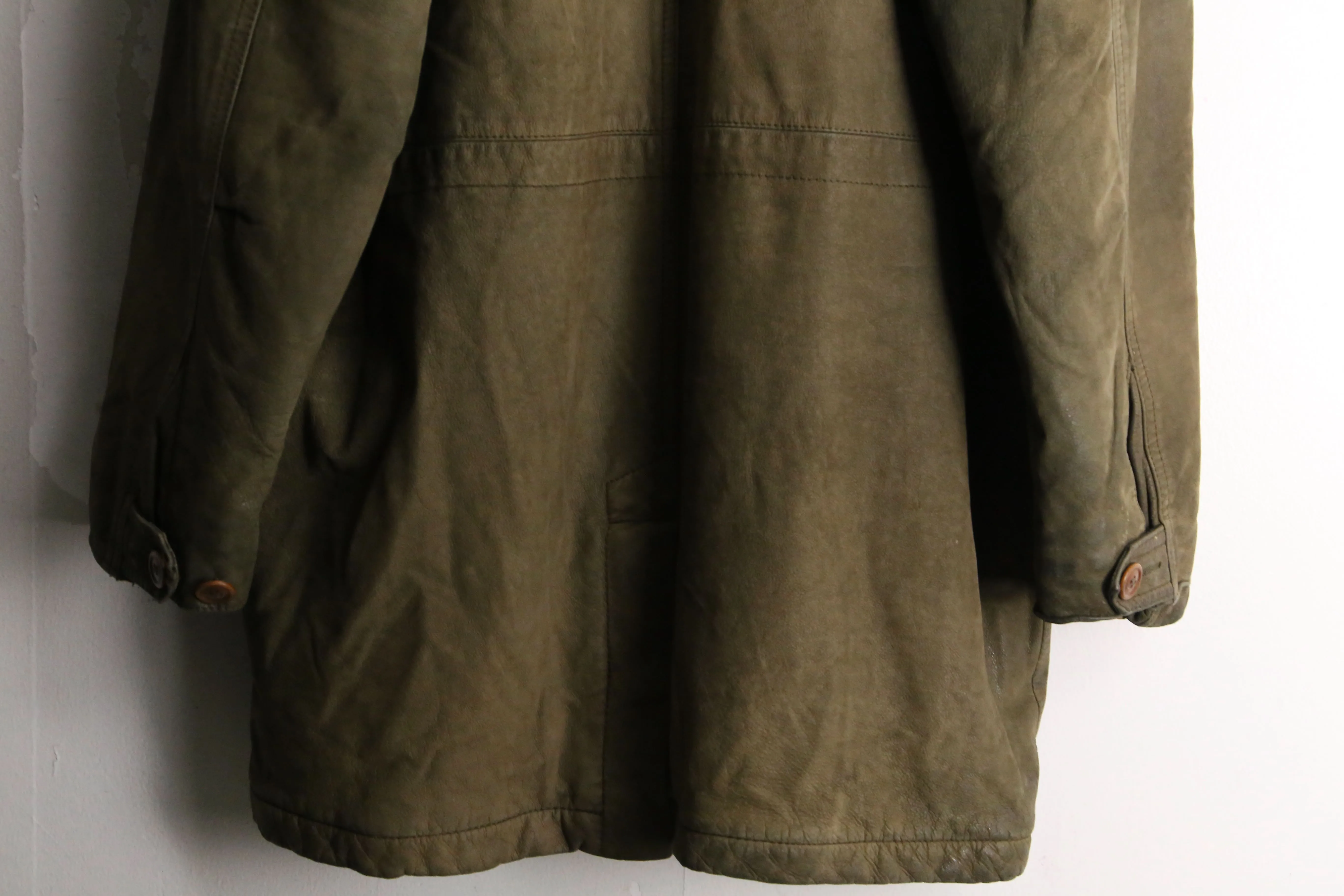 dark green hooded leather half coat