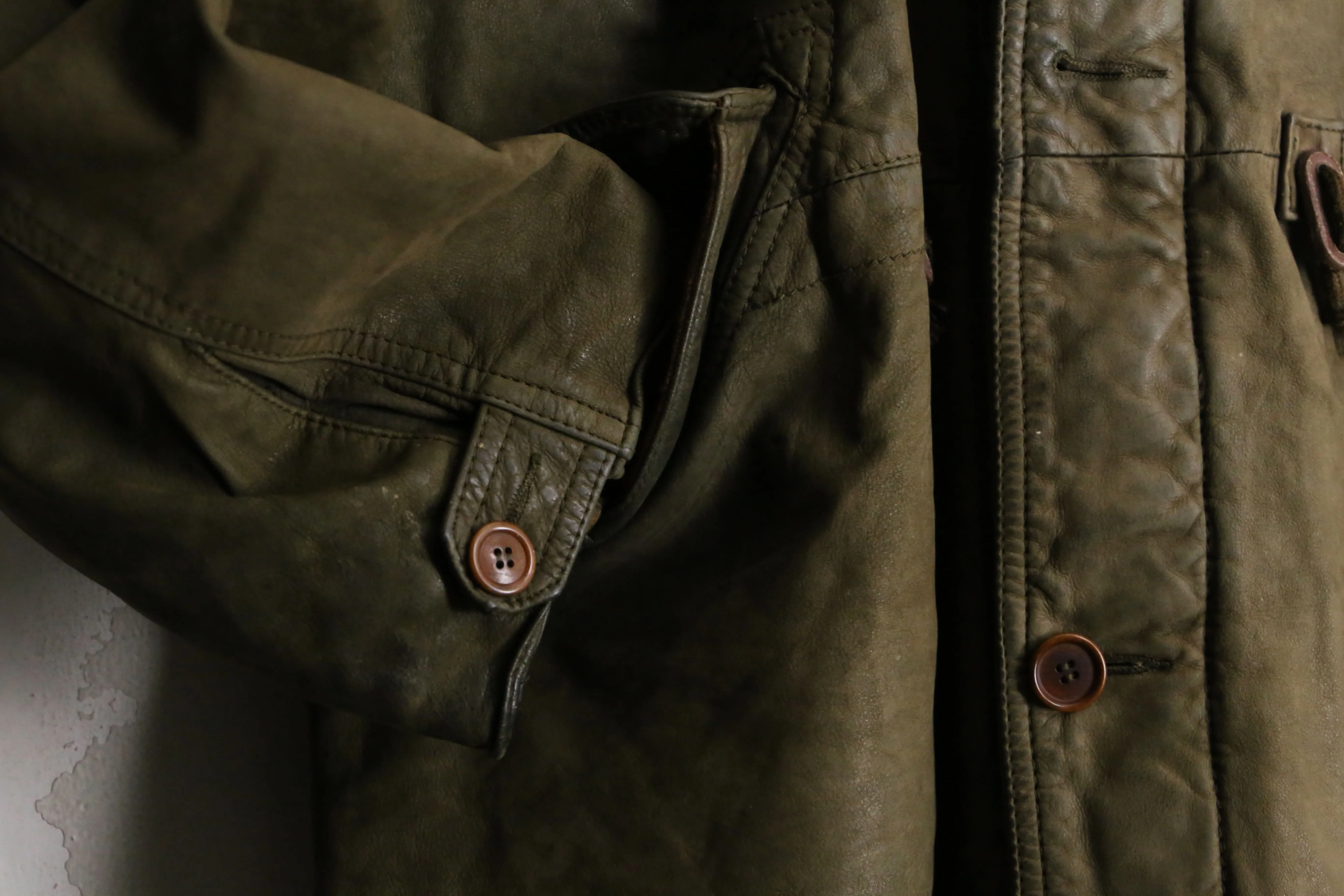 dark green hooded leather half coat
