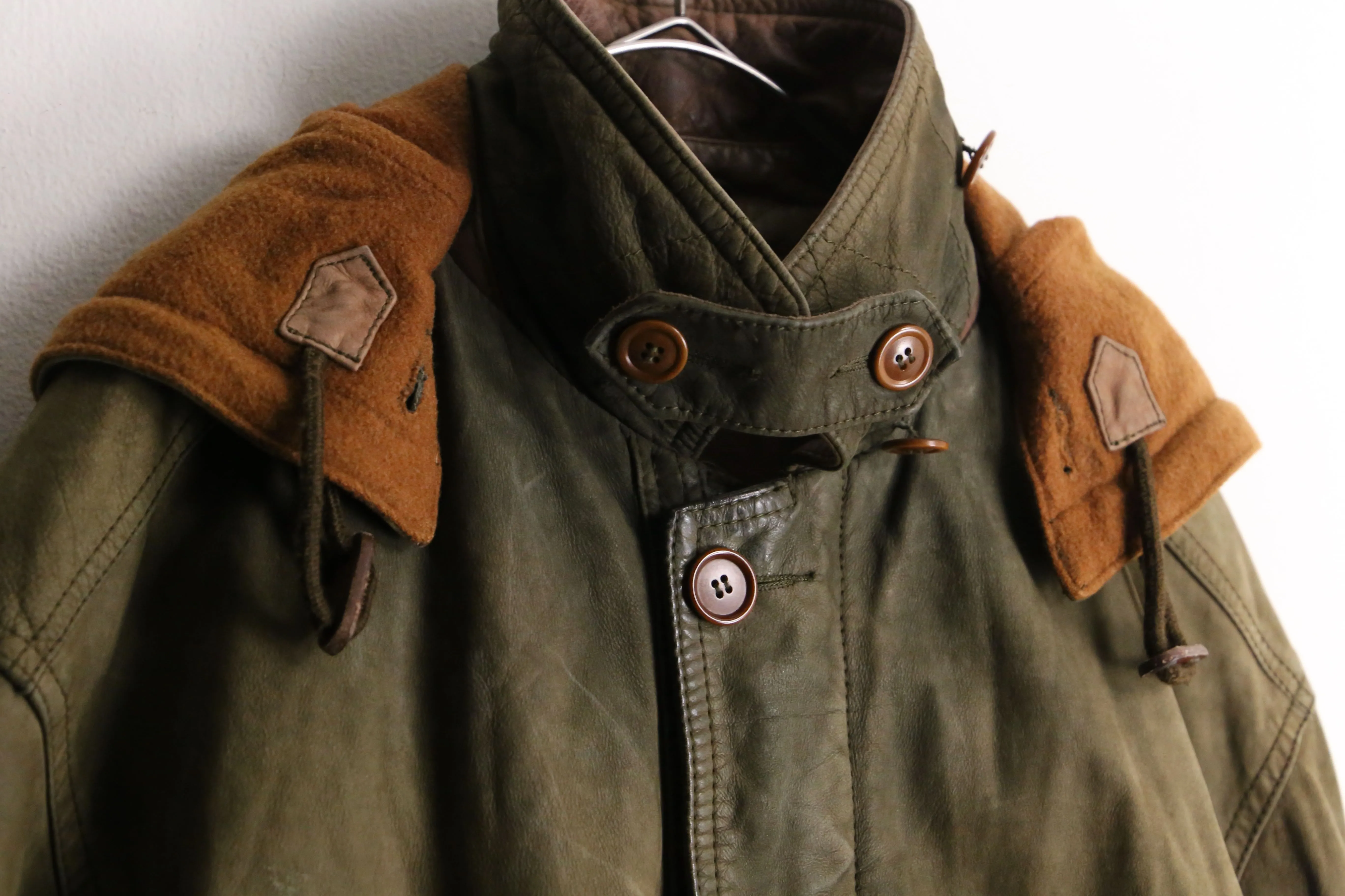 dark green hooded leather half coat