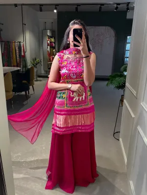Elegant Designer Pink Printed Hand Worked Palazzo Suit