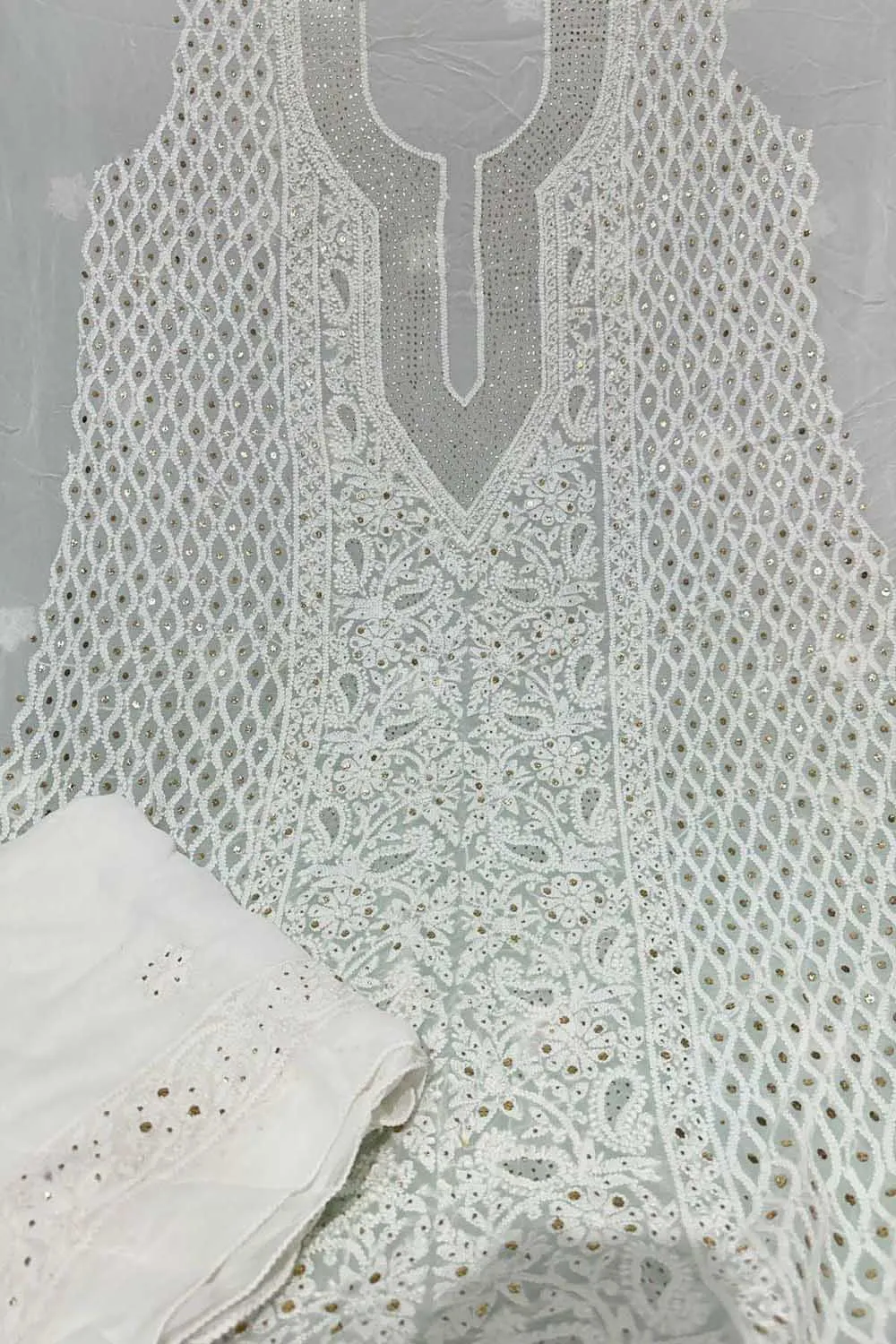 Elegant Georgette Unstitched Suit Set with Dazzling Dyeable Chikankari Mukaish Work