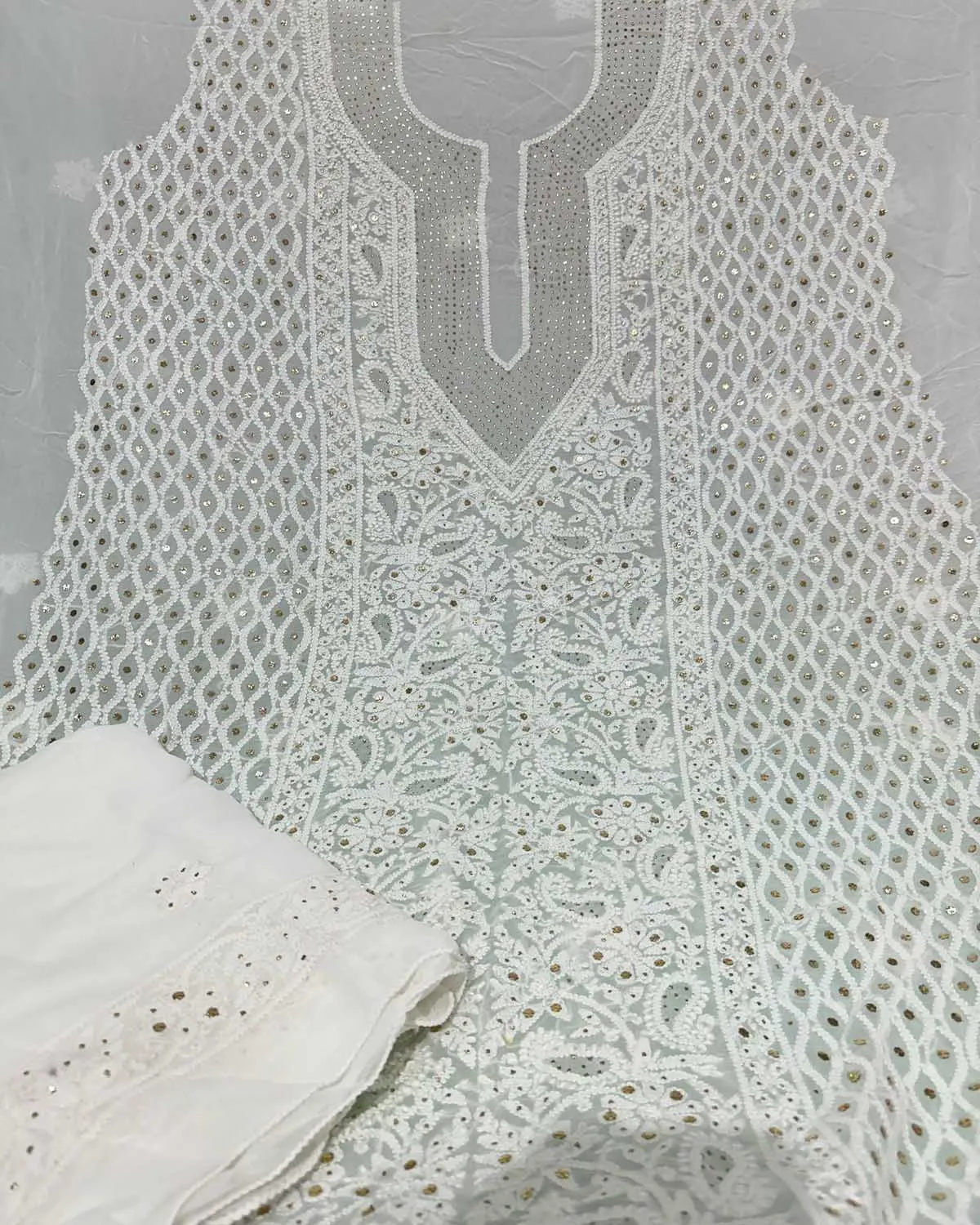 Elegant Georgette Unstitched Suit Set with Dazzling Dyeable Chikankari Mukaish Work