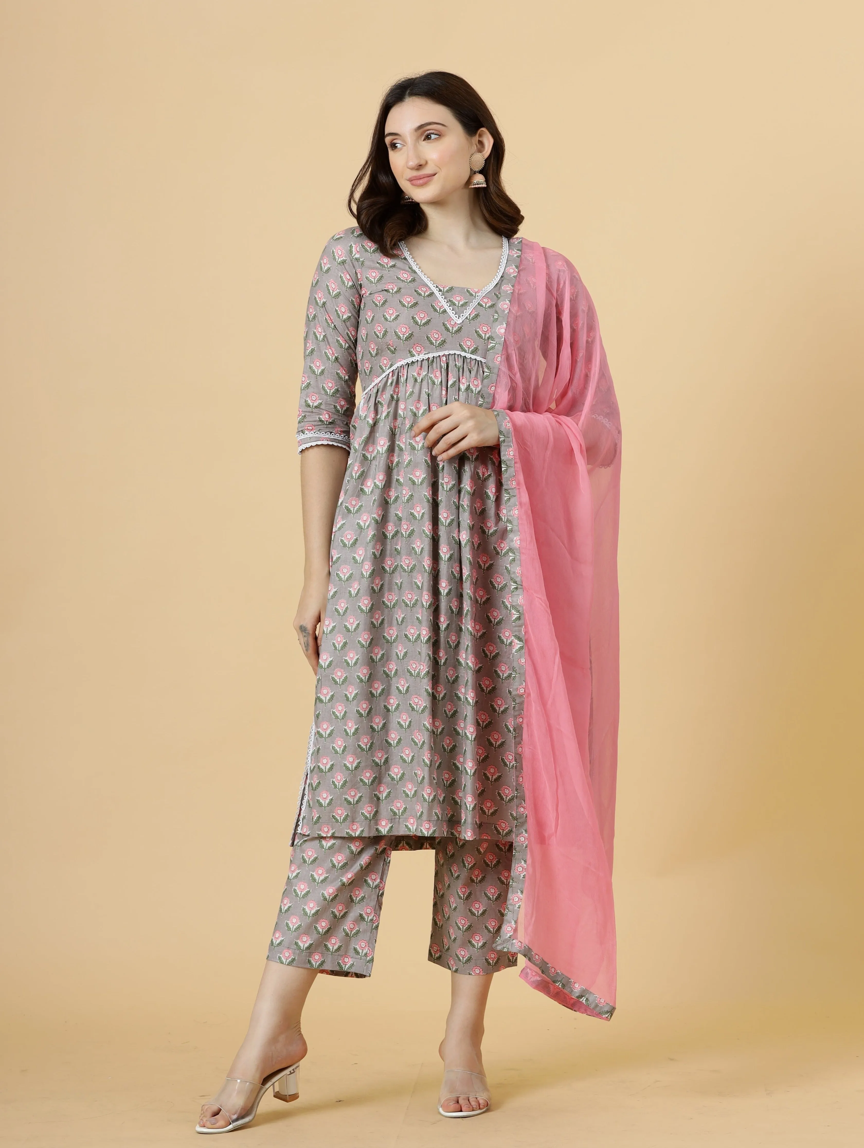 Elegant Neutral Grey Block Printed Sanganeri Kurti-Palazzo Set