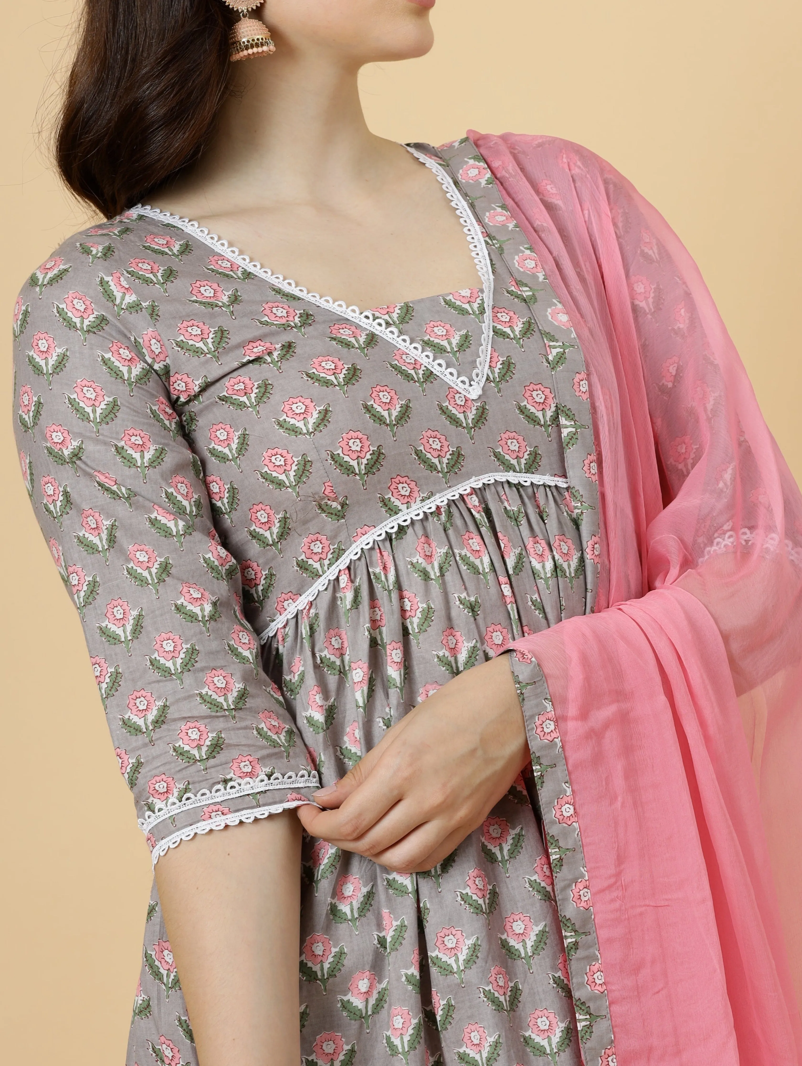 Elegant Neutral Grey Block Printed Sanganeri Kurti-Palazzo Set