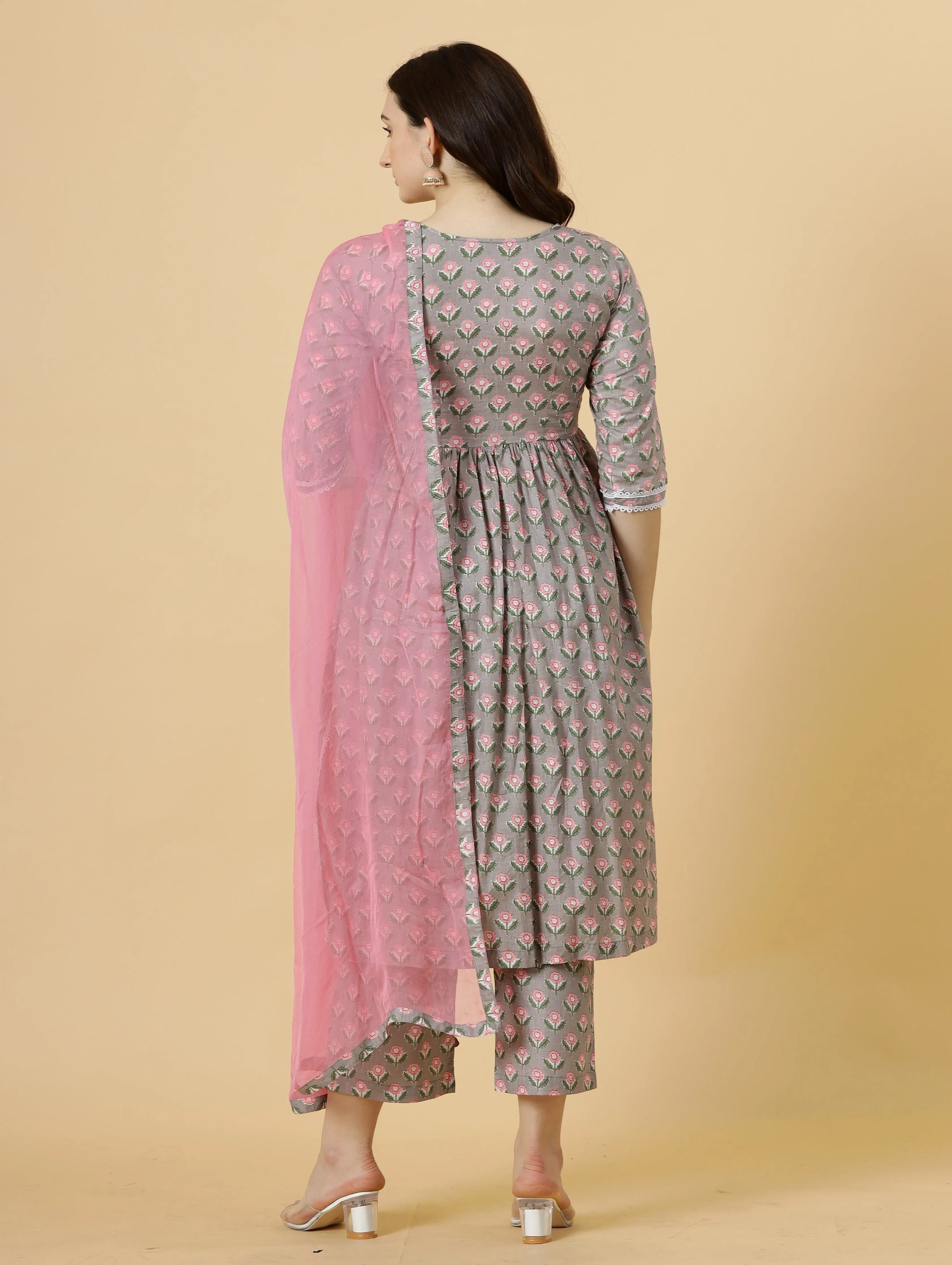 Elegant Neutral Grey Block Printed Sanganeri Kurti-Palazzo Set