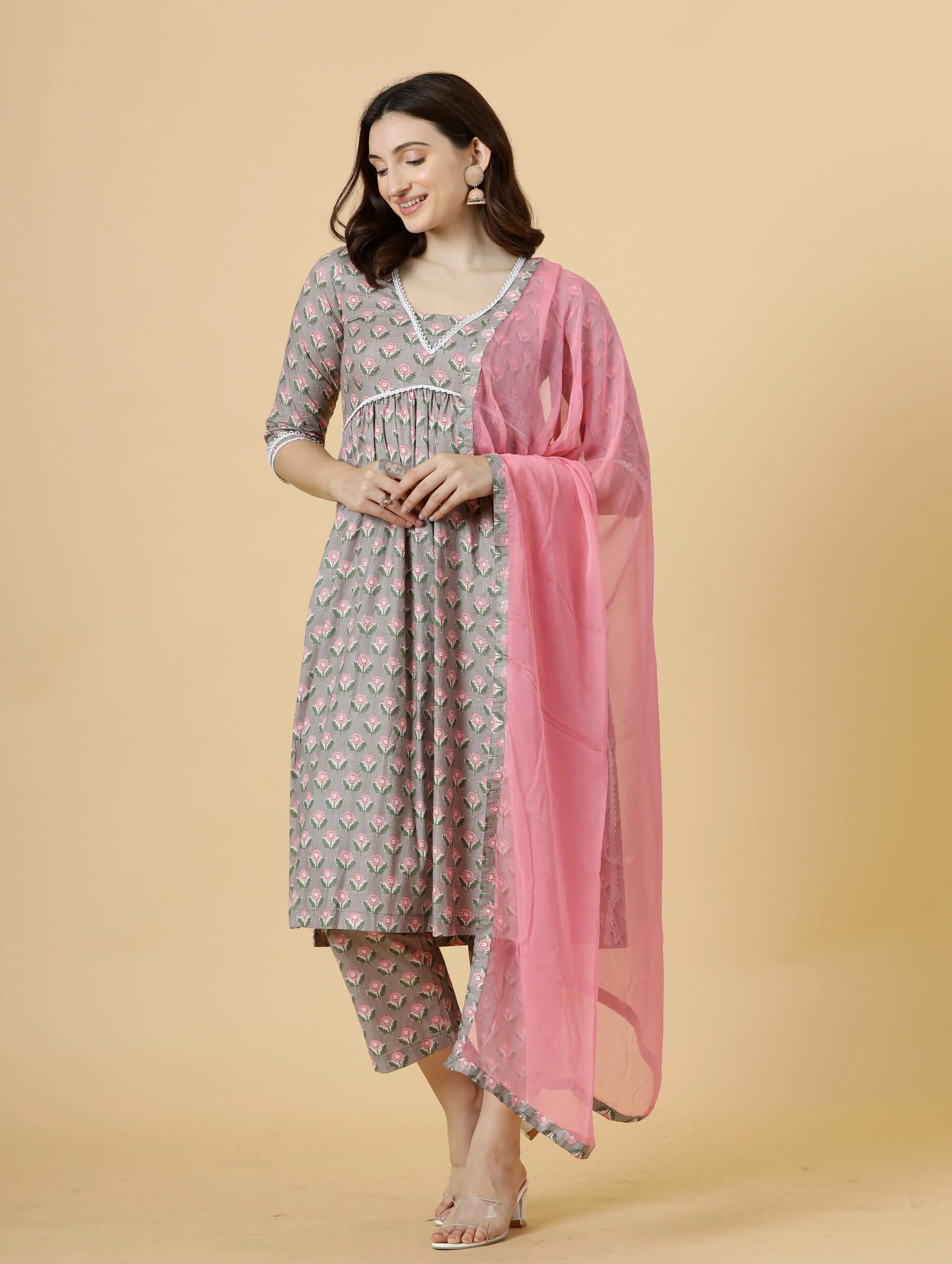 Elegant Neutral Grey Block Printed Sanganeri Kurti-Palazzo Set