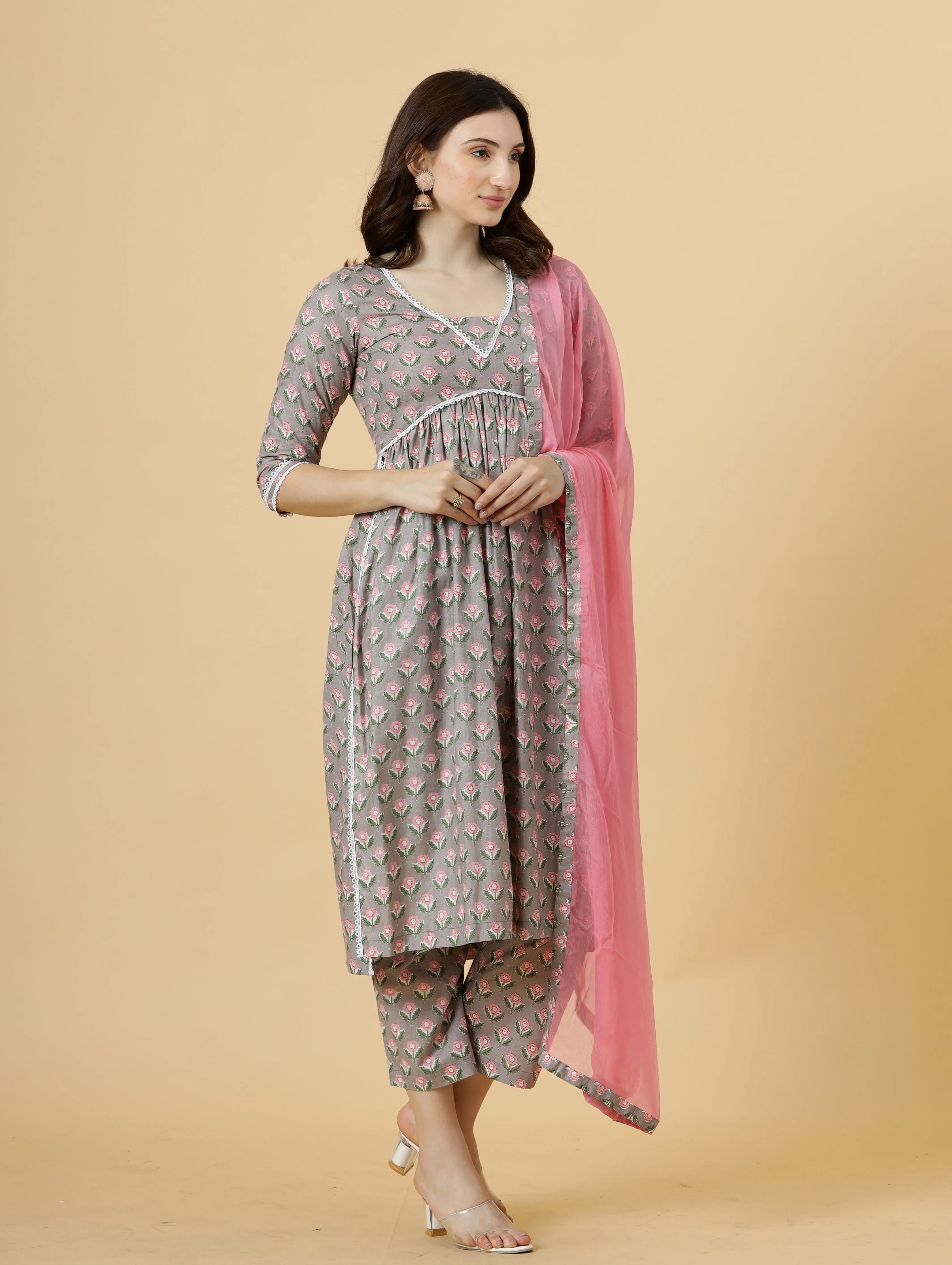 Elegant Neutral Grey Block Printed Sanganeri Kurti-Palazzo Set