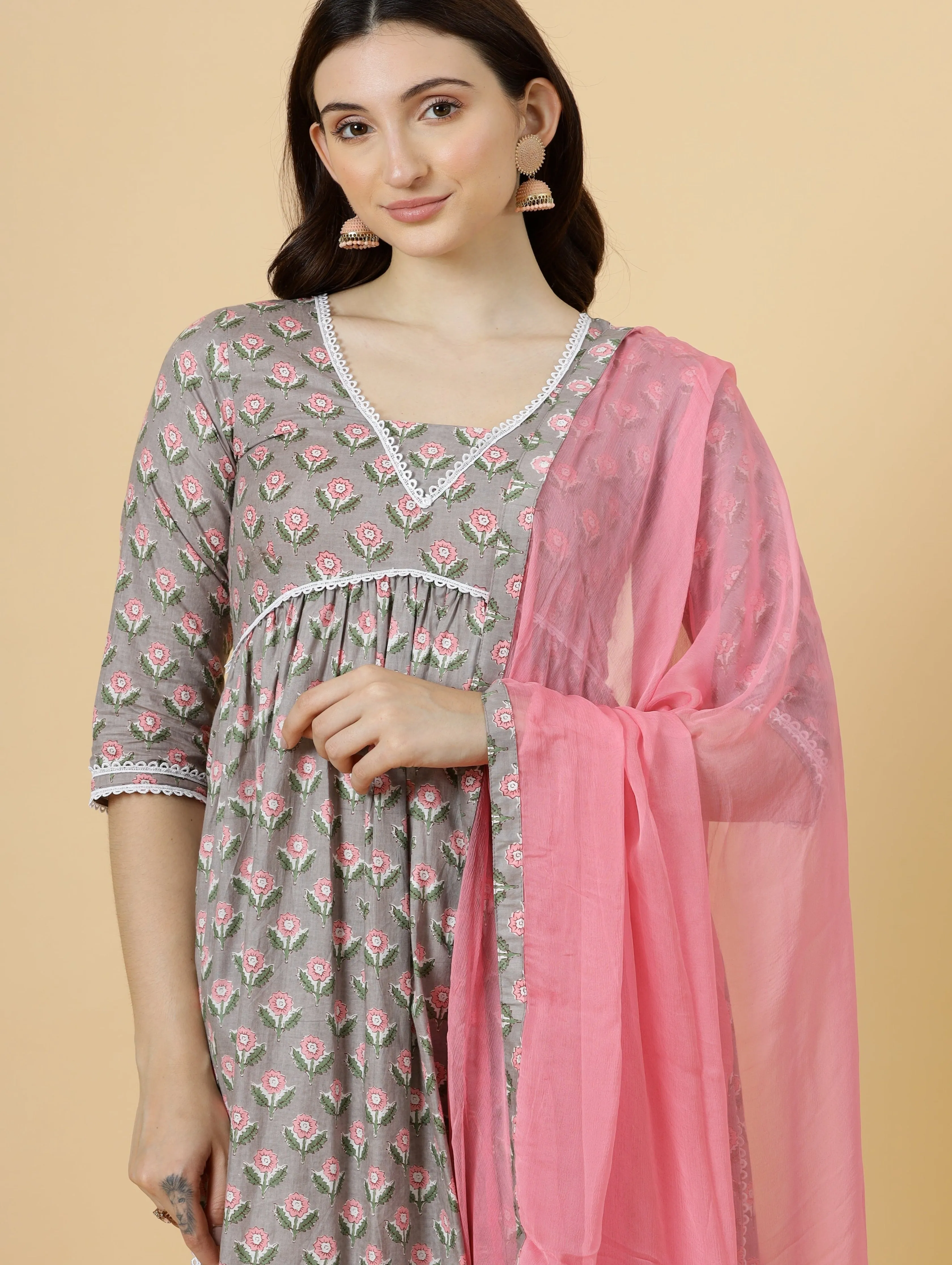 Elegant Neutral Grey Block Printed Sanganeri Kurti-Palazzo Set